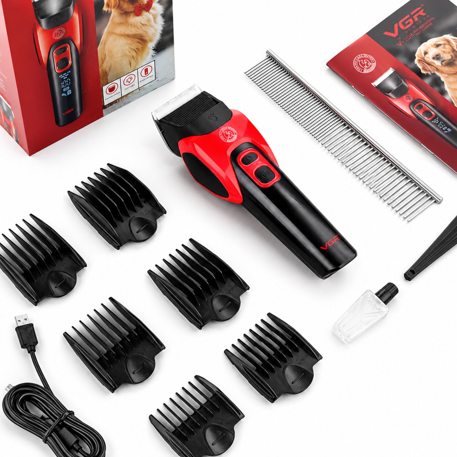MÁQUINA CORTA PELO PARA MASCOTAS PROFESIONAL PERROS GATOS RECARGABLE USB C PANTALLA DIGITAL LUZ LED VGR V-208 - 2
