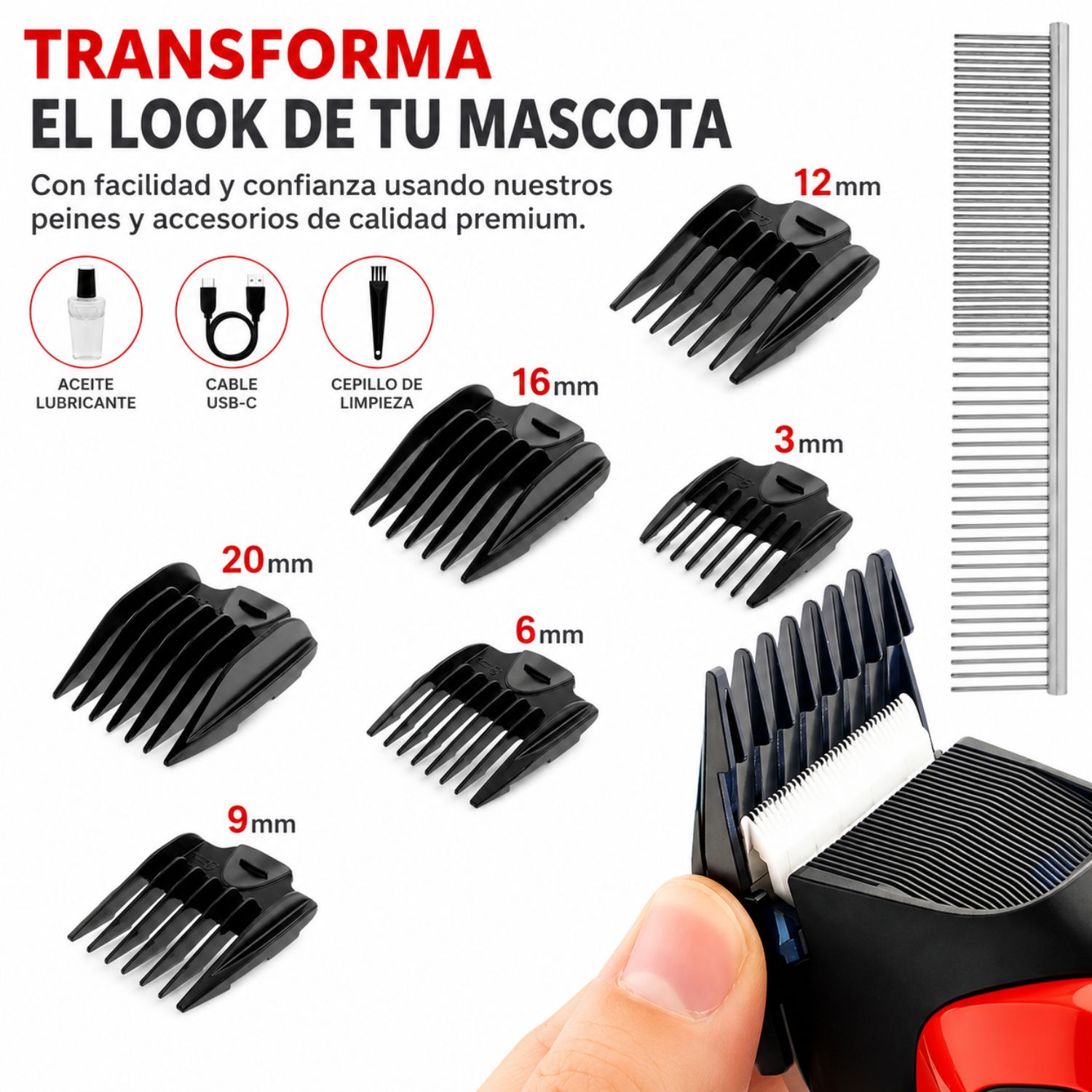 MÁQUINA CORTA PELO PARA MASCOTAS PROFESIONAL PERROS GATOS RECARGABLE USB C PANTALLA DIGITAL LUZ LED VGR V-208 - 4