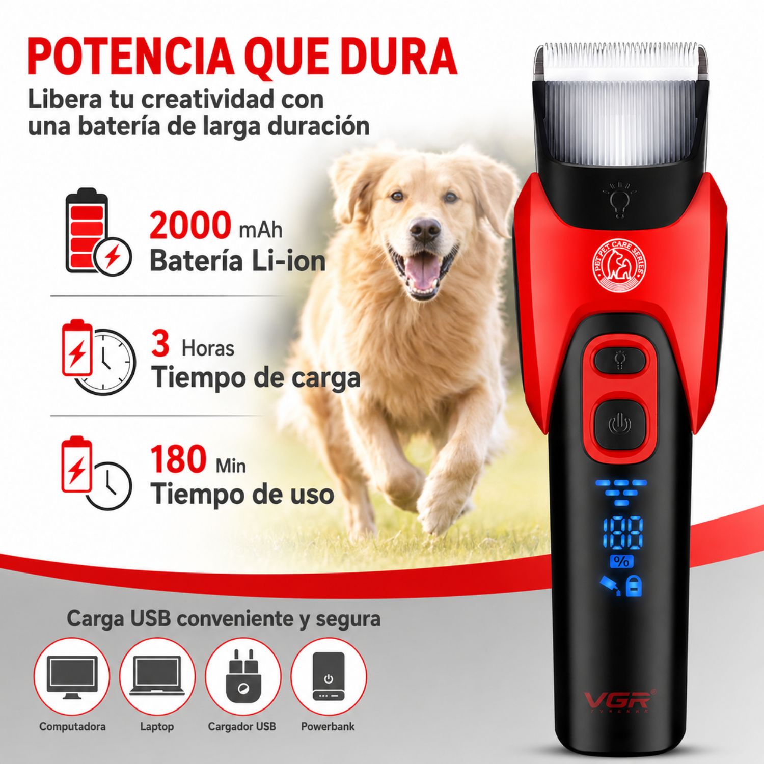 MÁQUINA CORTA PELO PARA MASCOTAS PROFESIONAL PERROS GATOS RECARGABLE USB C PANTALLA DIGITAL LUZ LED VGR V-208 - 6