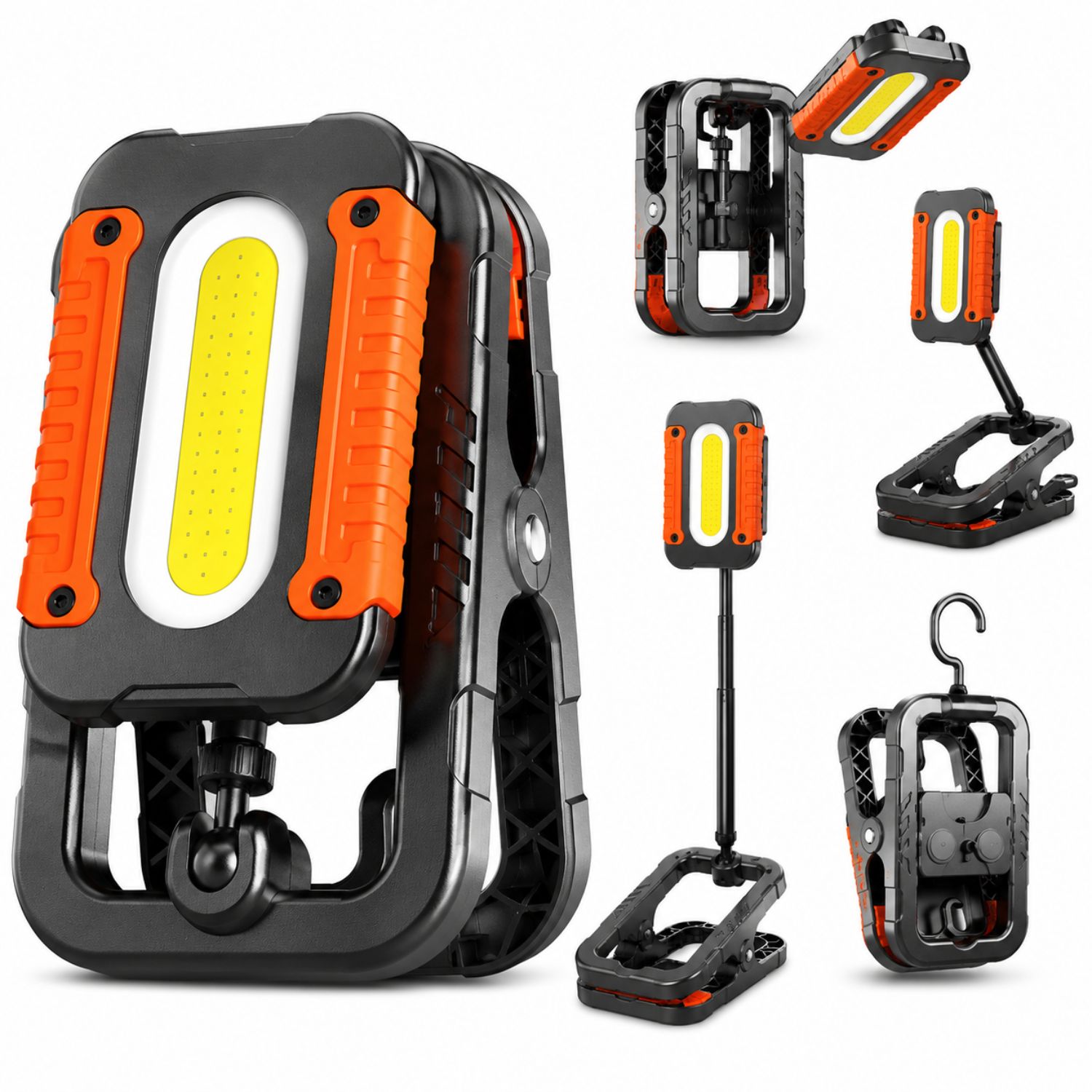 LÁMPARA DE TRABAJO LED COB 10W RECARGABLE USB-C CON IMÁN, PINZA MULTIFUNCIÓN, GANCHO Y BRAZO AJUSTABLE 800 LM - 1