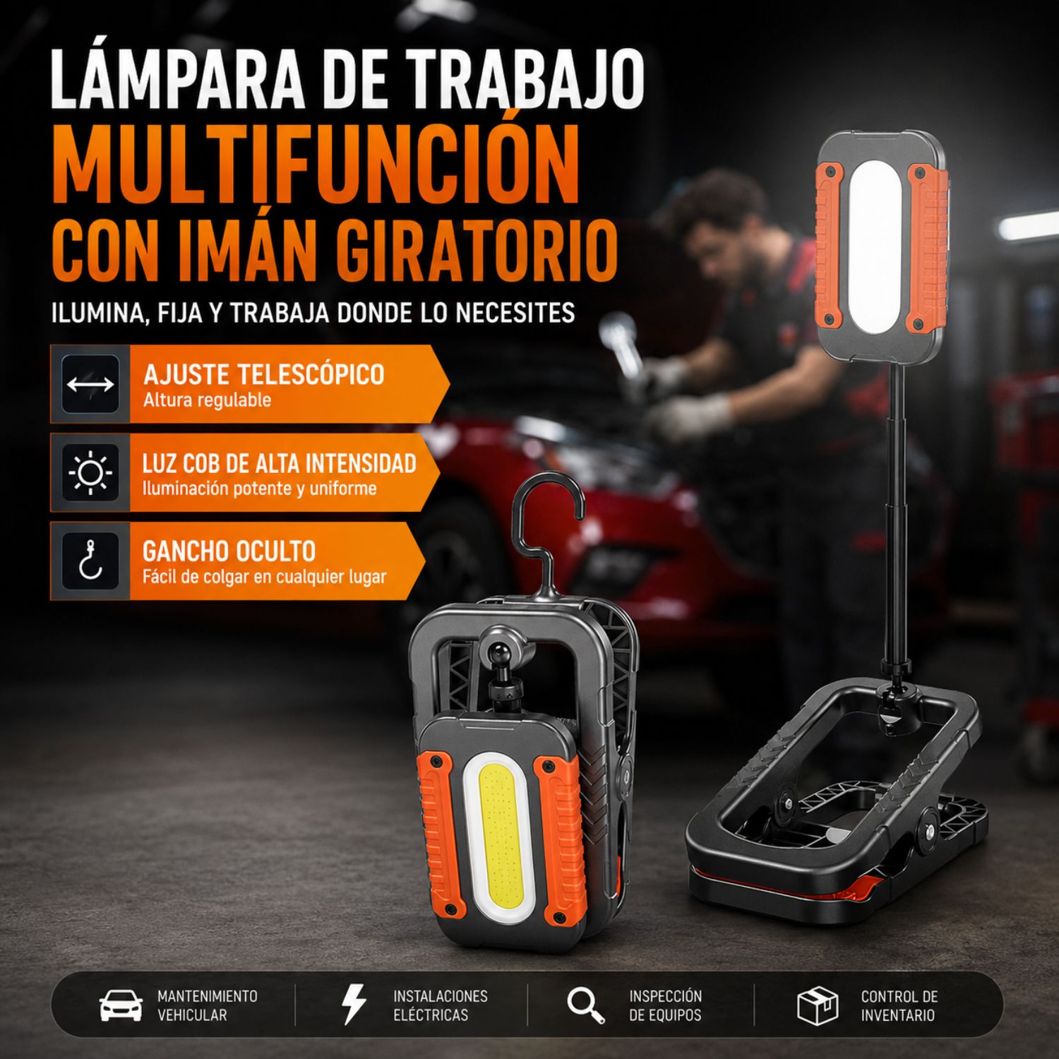 LÁMPARA DE TRABAJO LED COB 10W RECARGABLE USB-C CON IMÁN, PINZA MULTIFUNCIÓN, GANCHO Y BRAZO AJUSTABLE 800 LM - 2