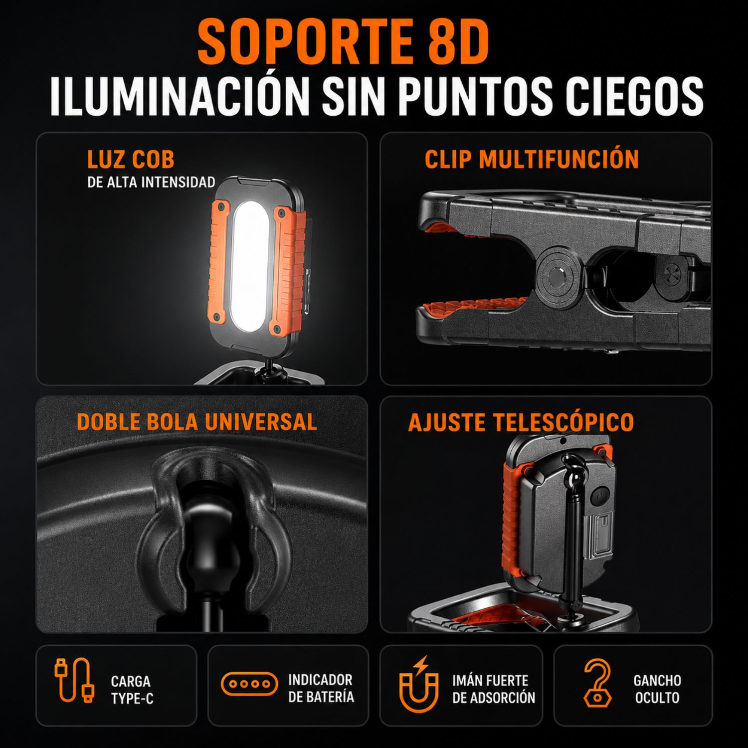 LÁMPARA DE TRABAJO LED COB 10W RECARGABLE USB-C CON IMÁN, PINZA MULTIFUNCIÓN, GANCHO Y BRAZO AJUSTABLE 800 LM - 3