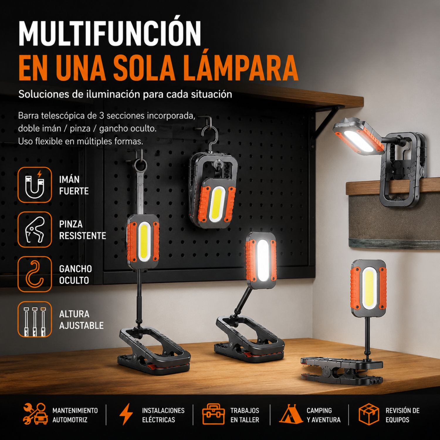 LÁMPARA DE TRABAJO LED COB 10W RECARGABLE USB-C CON IMÁN, PINZA MULTIFUNCIÓN, GANCHO Y BRAZO AJUSTABLE 800 LM - 4