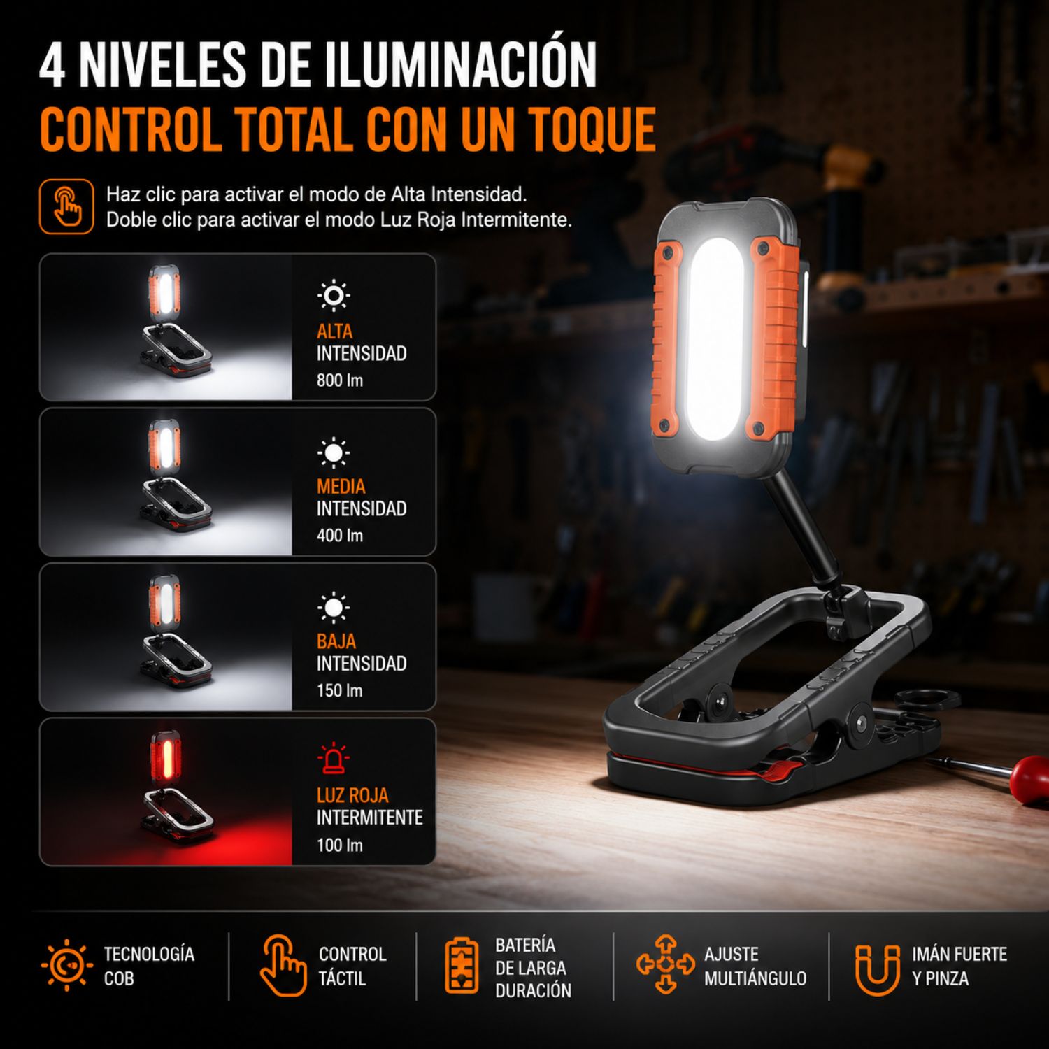 LÁMPARA DE TRABAJO LED COB 10W RECARGABLE USB-C CON IMÁN, PINZA MULTIFUNCIÓN, GANCHO Y BRAZO AJUSTABLE 800 LM - 6