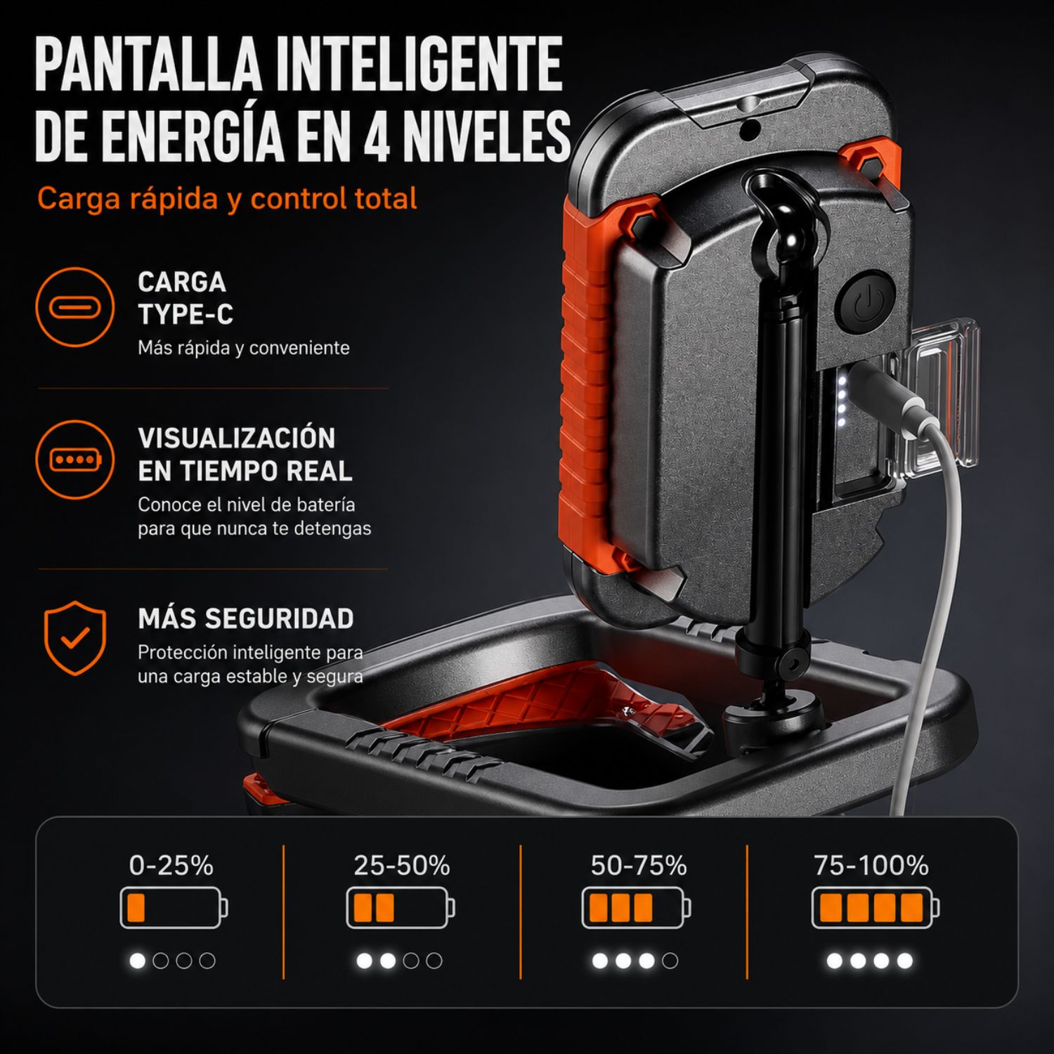 LÁMPARA DE TRABAJO LED COB 10W RECARGABLE USB-C CON IMÁN, PINZA MULTIFUNCIÓN, GANCHO Y BRAZO AJUSTABLE 800 LM - 8
