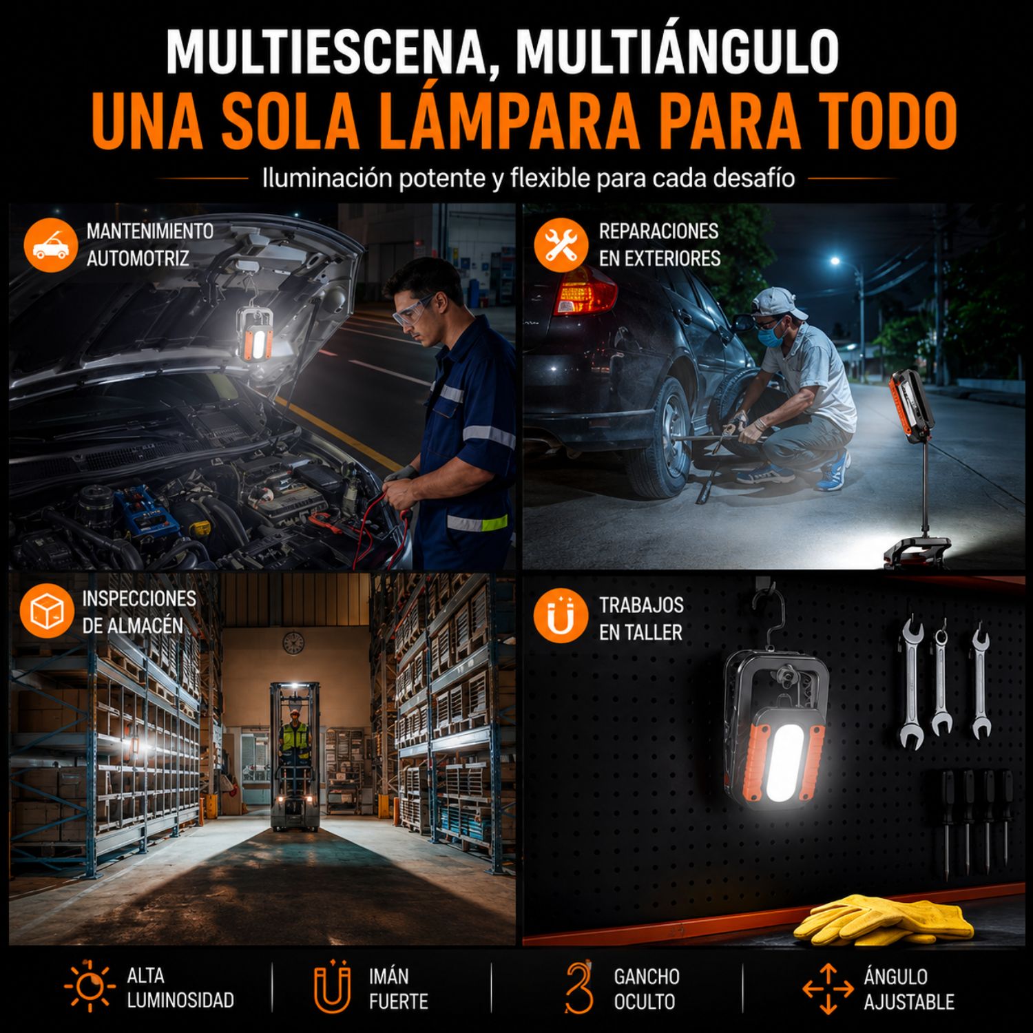 LÁMPARA DE TRABAJO LED COB 10W RECARGABLE USB-C CON IMÁN, PINZA MULTIFUNCIÓN, GANCHO Y BRAZO AJUSTABLE 800 LM - 9