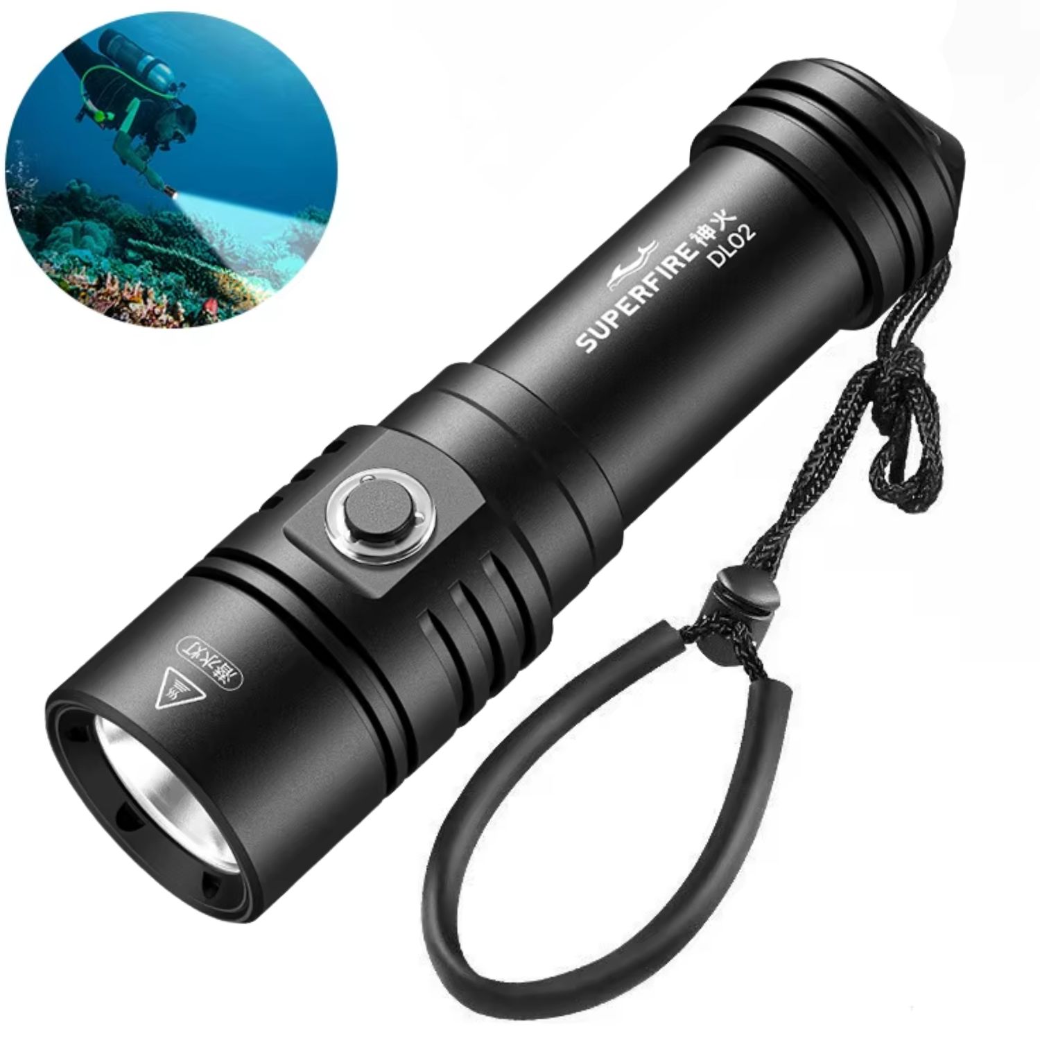 LINTERNA DE BUCEO PROFESIONAL 2000 LÚMENES IPX8 RECARGABLE 5000MAH ALCANCE 250 METROS SUPERFIRE DL02 - 1
