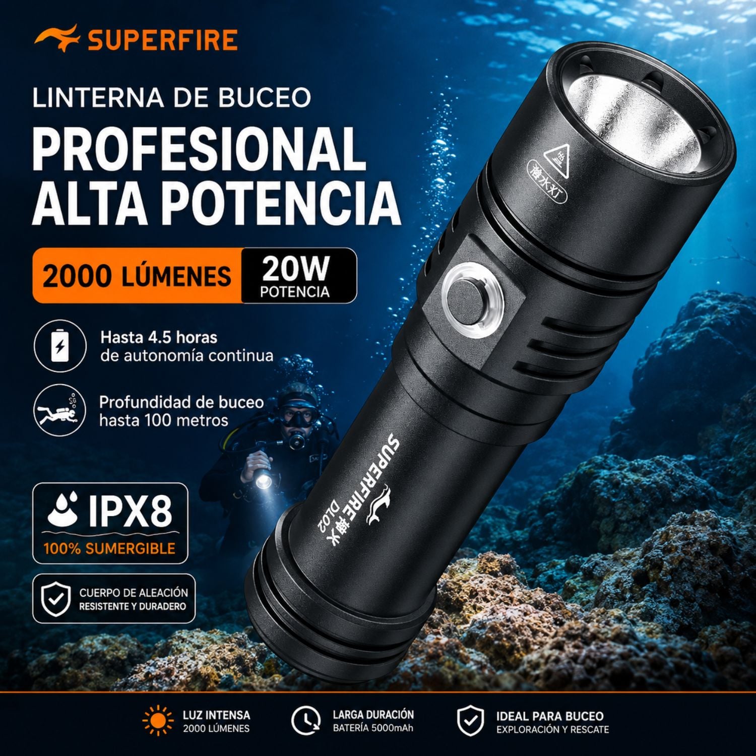 LINTERNA DE BUCEO PROFESIONAL 2000 LÚMENES IPX8 RECARGABLE 5000MAH ALCANCE 250 METROS SUPERFIRE DL02 - 2