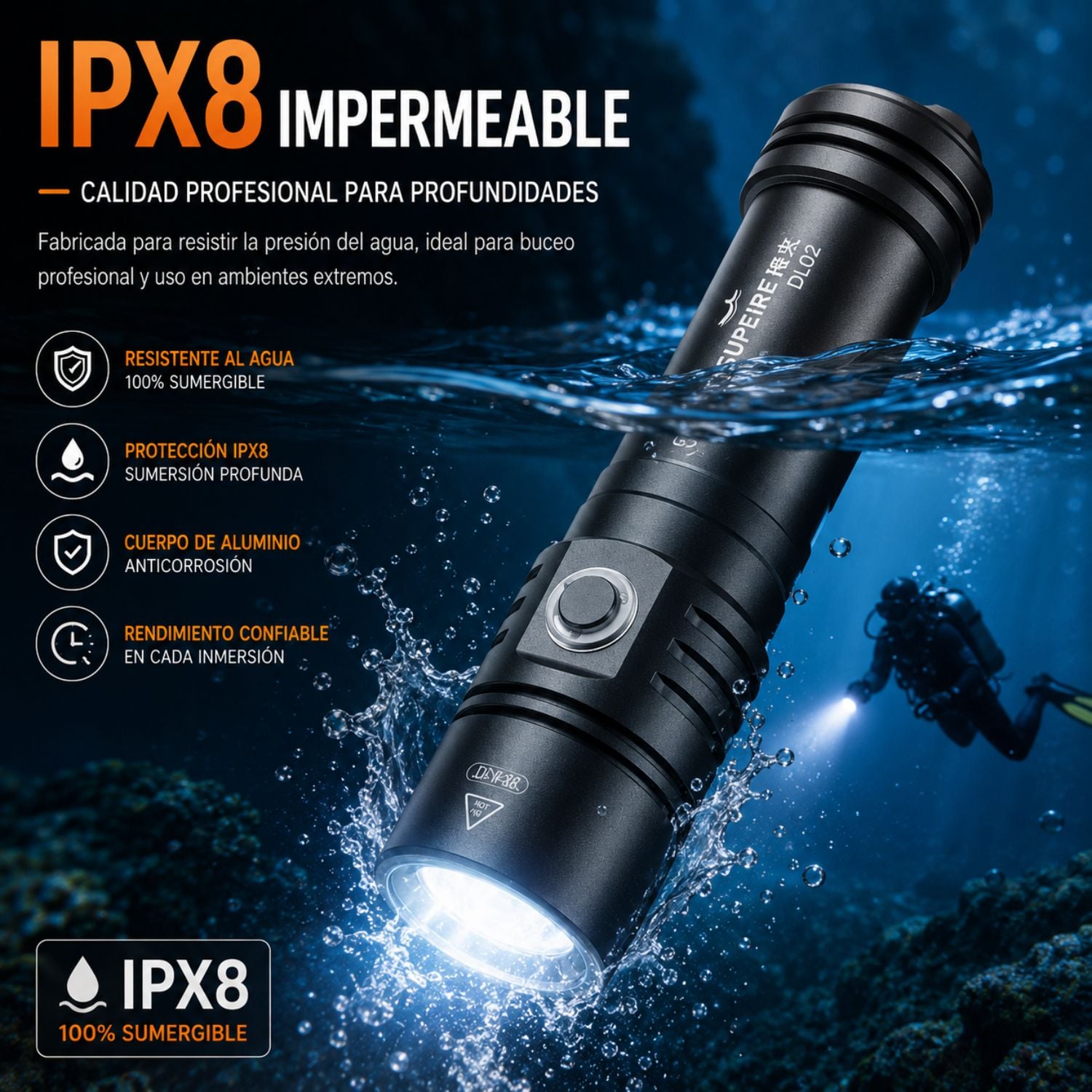 LINTERNA DE BUCEO PROFESIONAL 2000 LÚMENES IPX8 RECARGABLE 5000MAH ALCANCE 250 METROS SUPERFIRE DL02 - 3