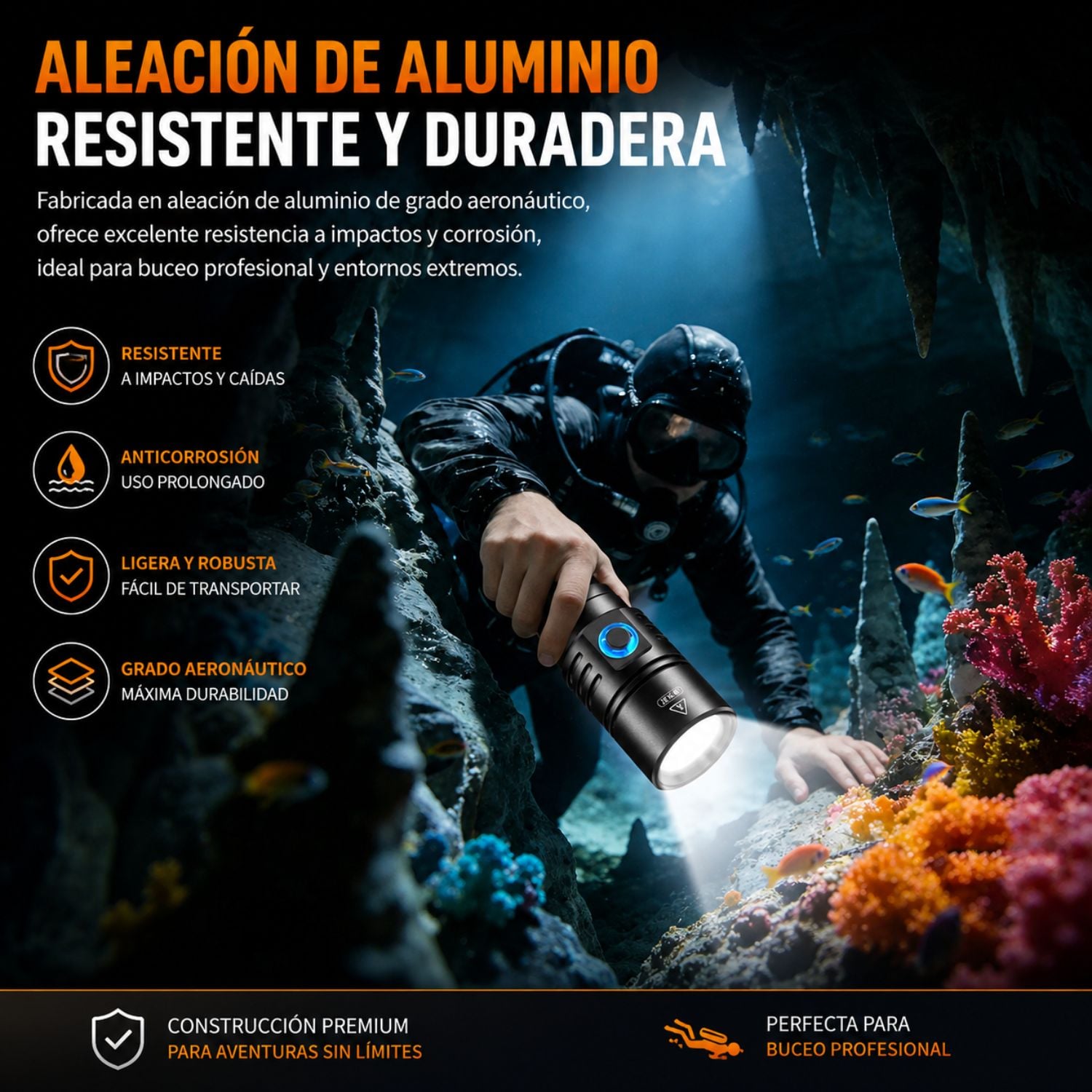 LINTERNA DE BUCEO PROFESIONAL 2000 LÚMENES IPX8 RECARGABLE 5000MAH ALCANCE 250 METROS SUPERFIRE DL02 - 4