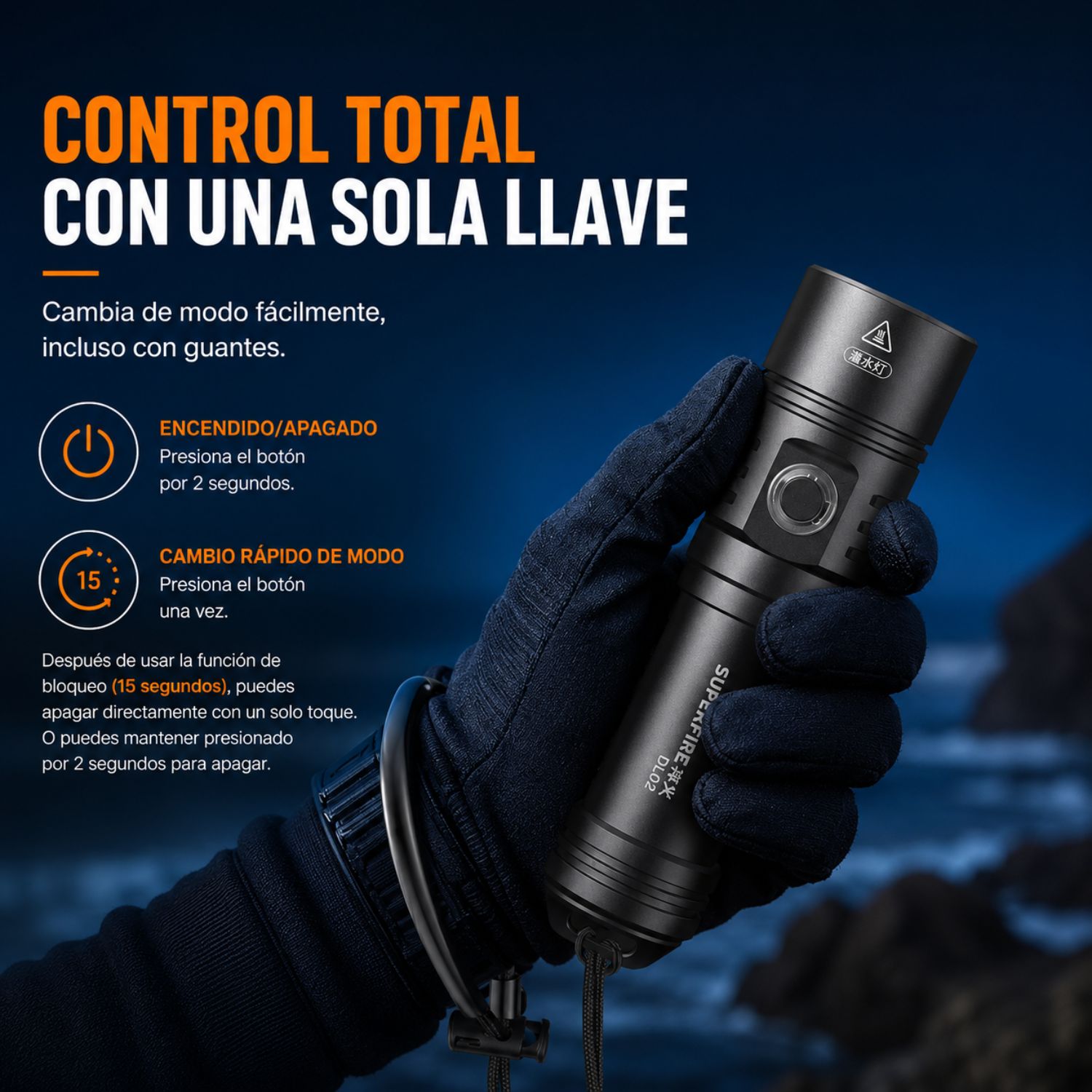 LINTERNA DE BUCEO PROFESIONAL 2000 LÚMENES IPX8 RECARGABLE 5000MAH ALCANCE 250 METROS SUPERFIRE DL02 - 6
