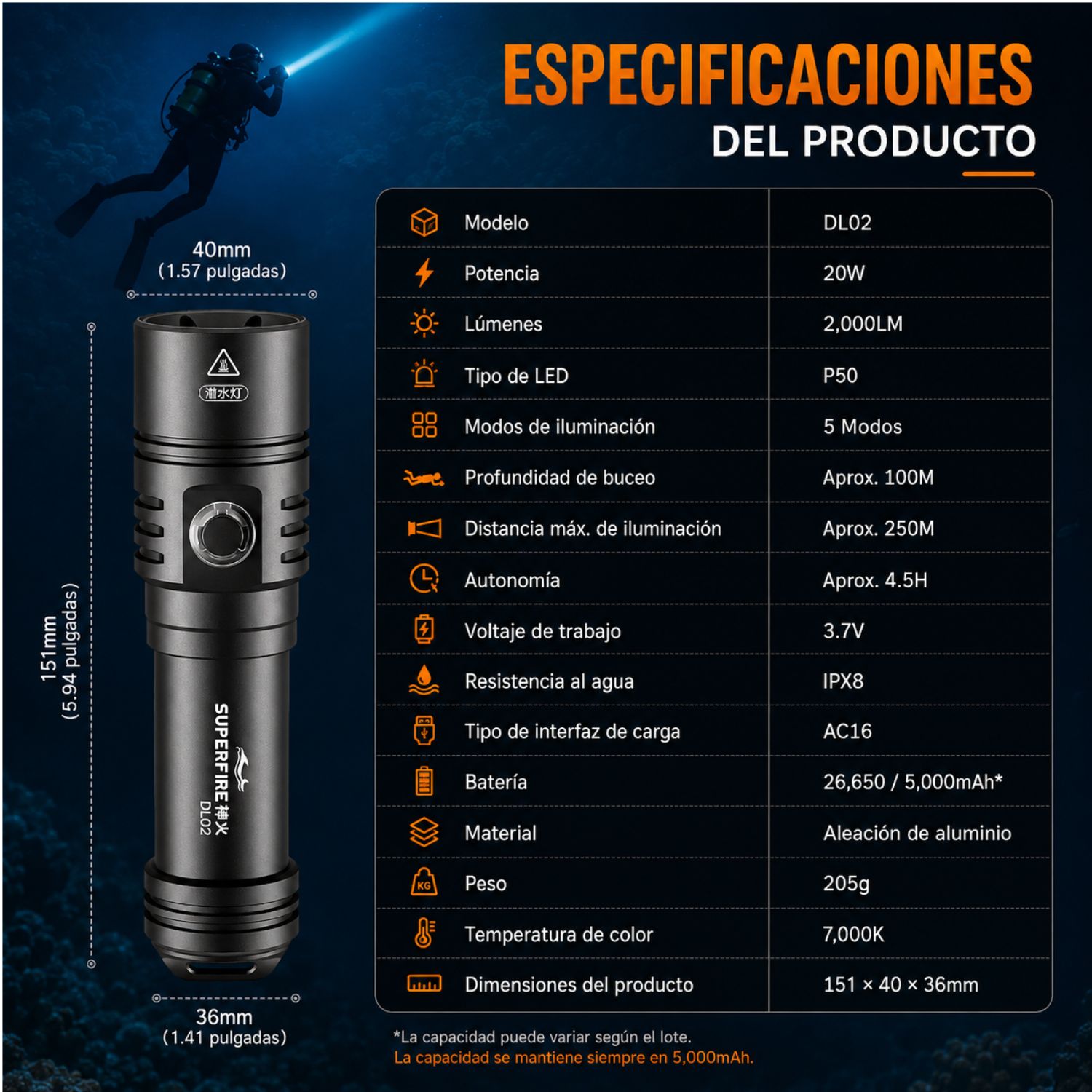 LINTERNA DE BUCEO PROFESIONAL 2000 LÚMENES IPX8 RECARGABLE 5000MAH ALCANCE 250 METROS SUPERFIRE DL02 - 8