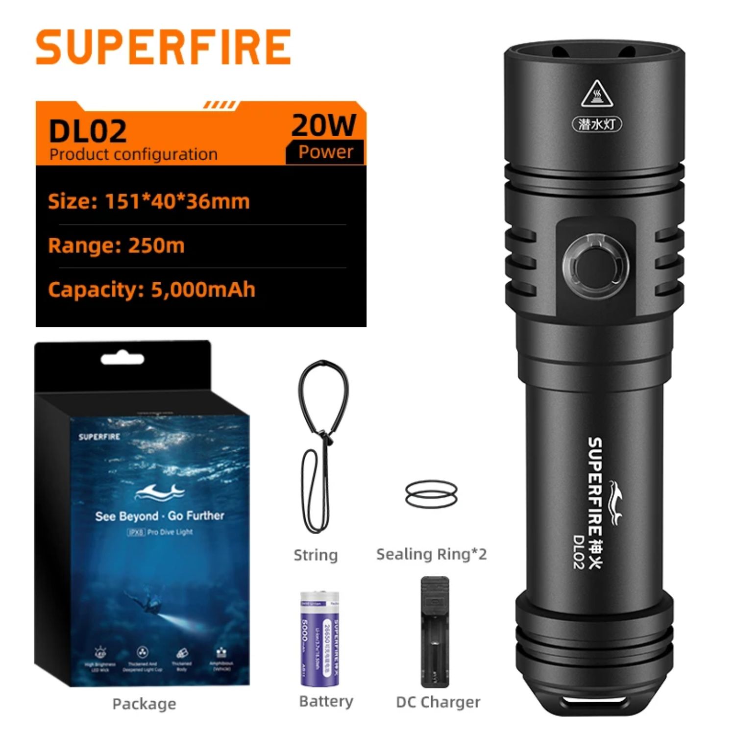 LINTERNA DE BUCEO PROFESIONAL 2000 LÚMENES IPX8 RECARGABLE 5000MAH ALCANCE 250 METROS SUPERFIRE DL02 - 9