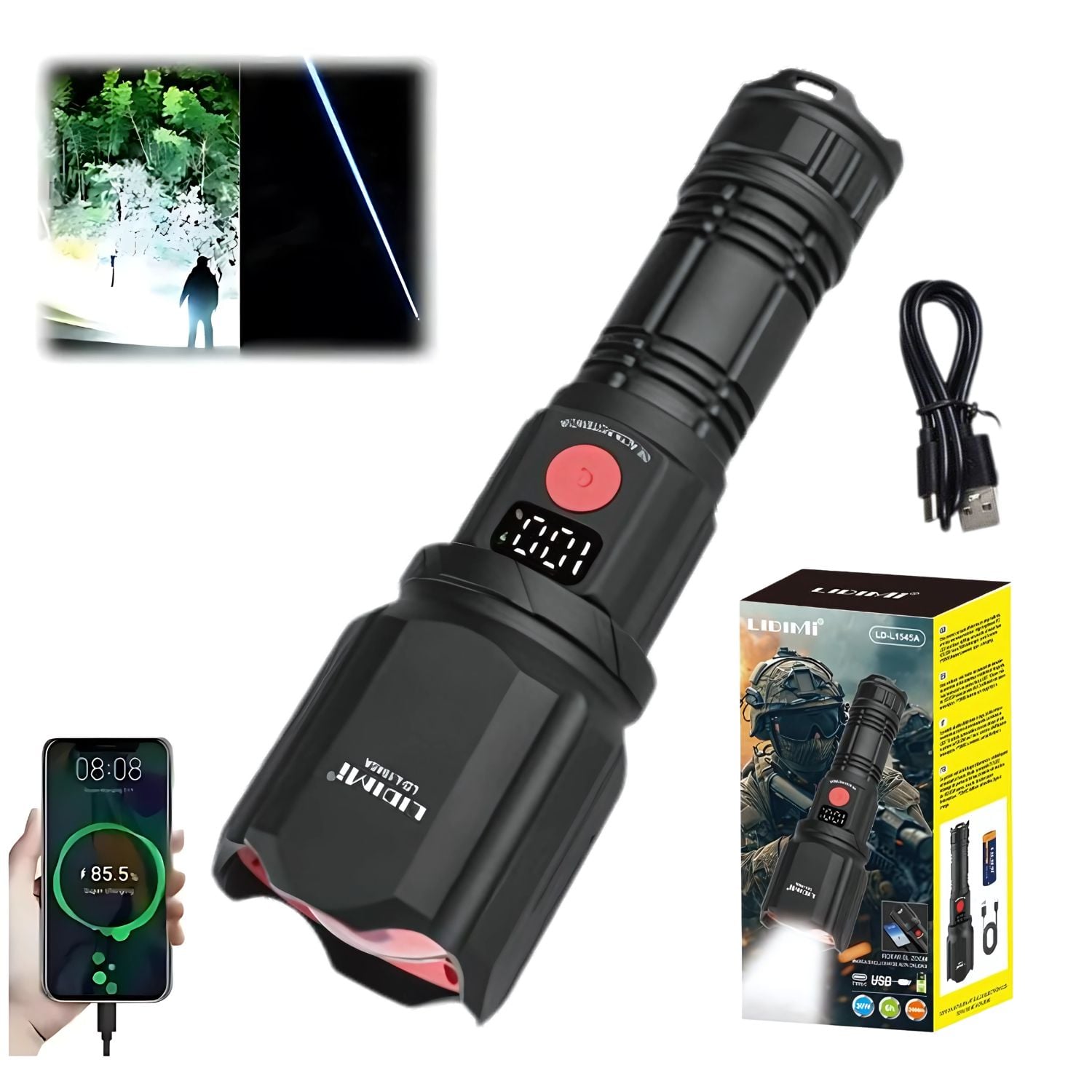 LINTERNA TÁCTICA LED LIDIMI LD-L1545A 30W RECARGABLE USB-C ZOOM X2000 PANTALLA LED POWER BANK ALCANCE 2000 METROS - 1