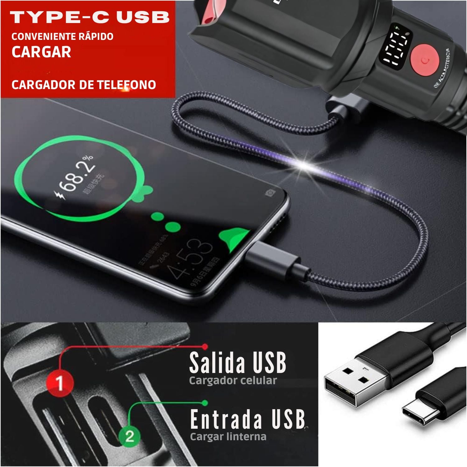 LINTERNA TÁCTICA LED LIDIMI LD-L1545A 30W RECARGABLE USB-C ZOOM X2000 PANTALLA LED POWER BANK ALCANCE 2000 METROS - 2