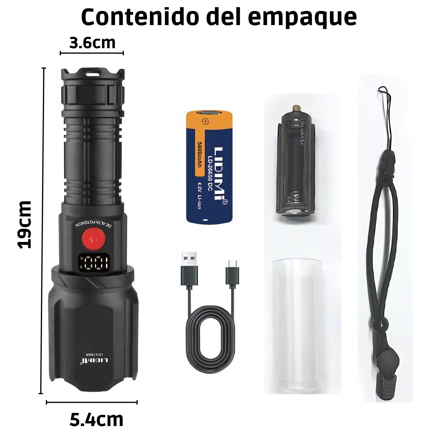 LINTERNA TÁCTICA LED LIDIMI LD-L1545A 30W RECARGABLE USB-C ZOOM X2000 PANTALLA LED POWER BANK ALCANCE 2000 METROS - 6