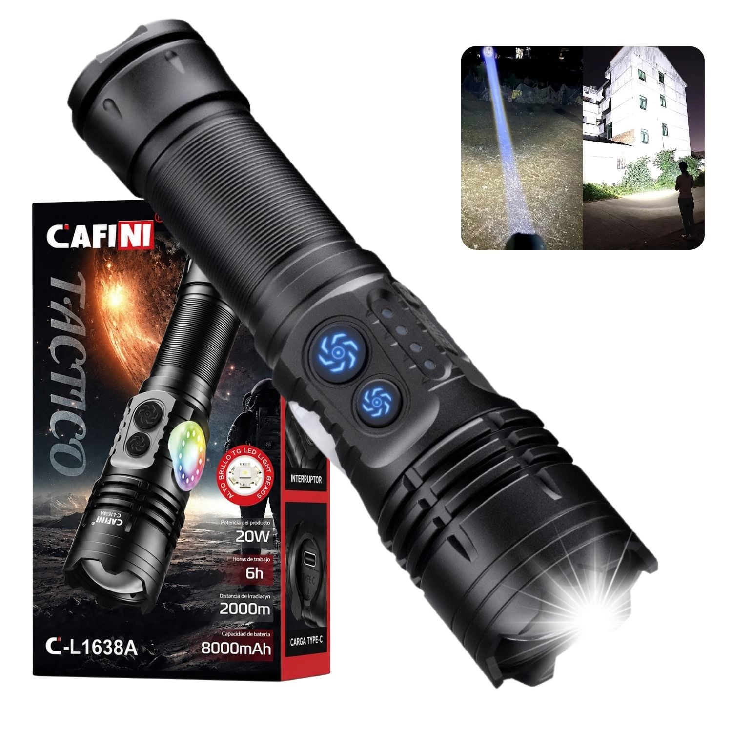 LINTERNA LED TÁCTICA CAFINI C-L1638A 20W RECARGABLE ZOOM AJUSTABLE USB-C ALCANCE HASTA 2000M 8000MAH - 1