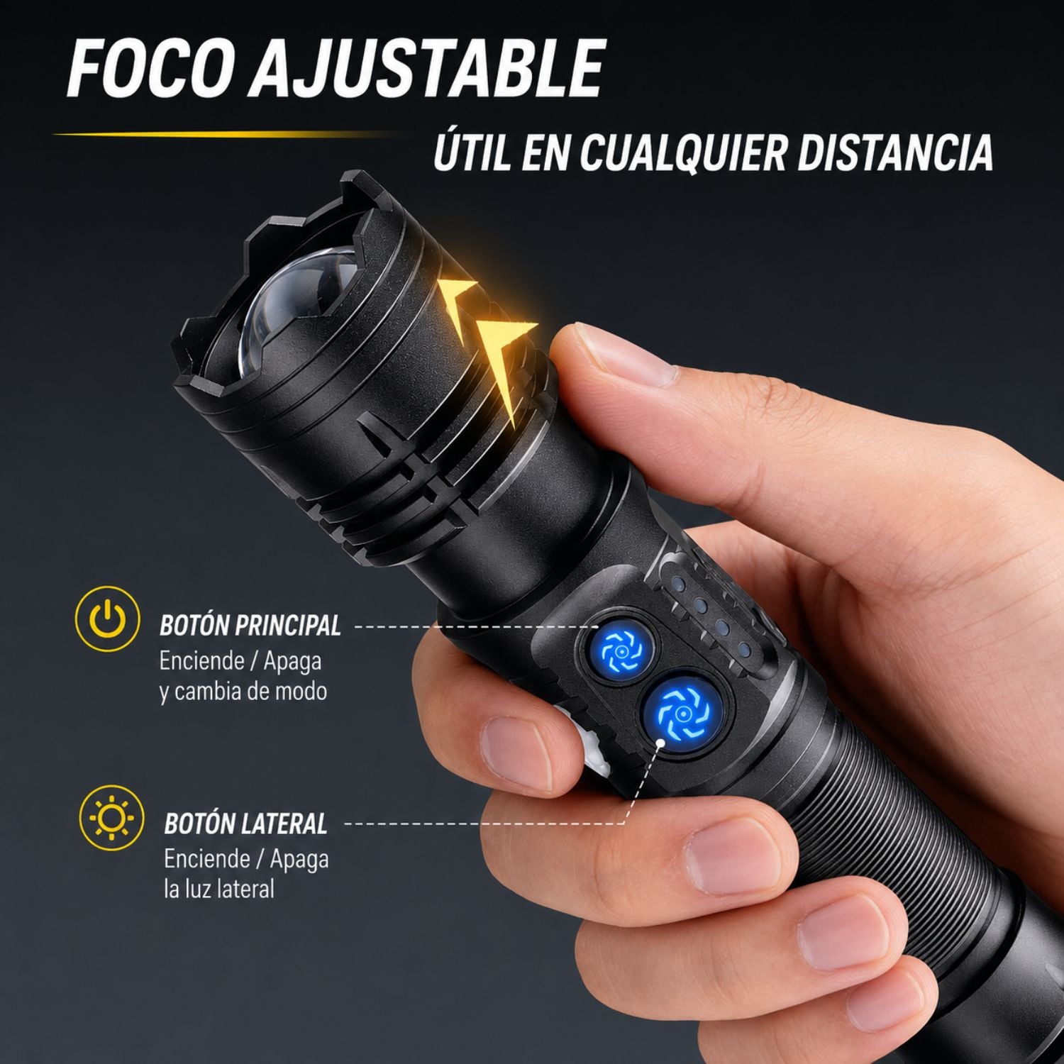 LINTERNA LED TÁCTICA CAFINI C-L1638A 20W RECARGABLE ZOOM AJUSTABLE USB-C ALCANCE HASTA 2000M 8000MAH - 2