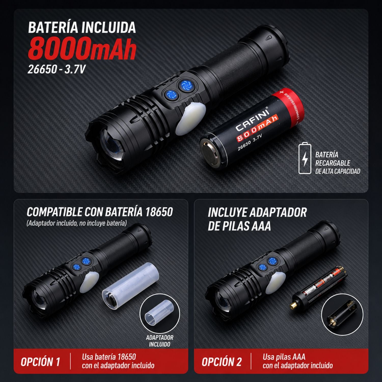 LINTERNA LED TÁCTICA CAFINI C-L1638A 20W RECARGABLE ZOOM AJUSTABLE USB-C ALCANCE HASTA 2000M 8000MAH - 4