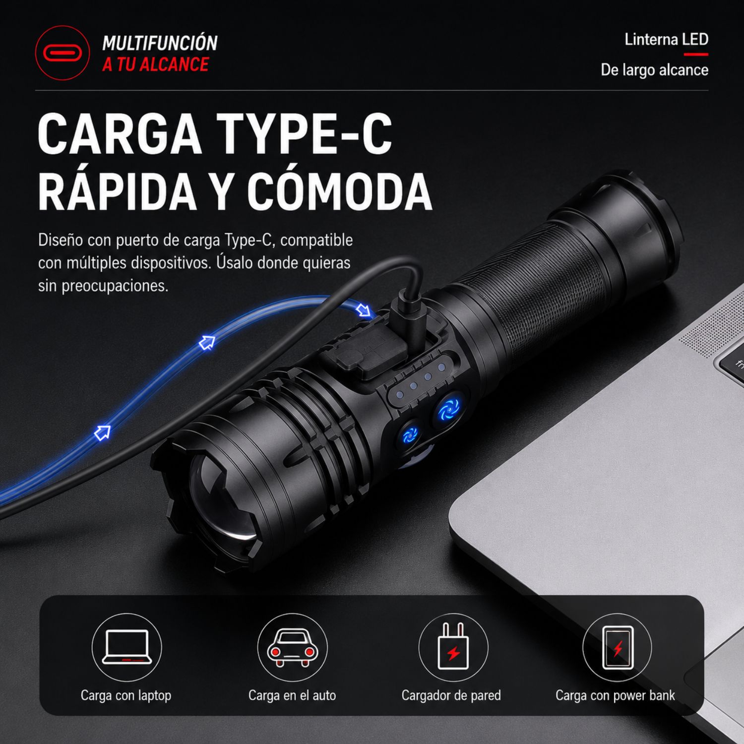 LINTERNA LED TÁCTICA CAFINI C-L1638A 20W RECARGABLE ZOOM AJUSTABLE USB-C ALCANCE HASTA 2000M 8000MAH - 7