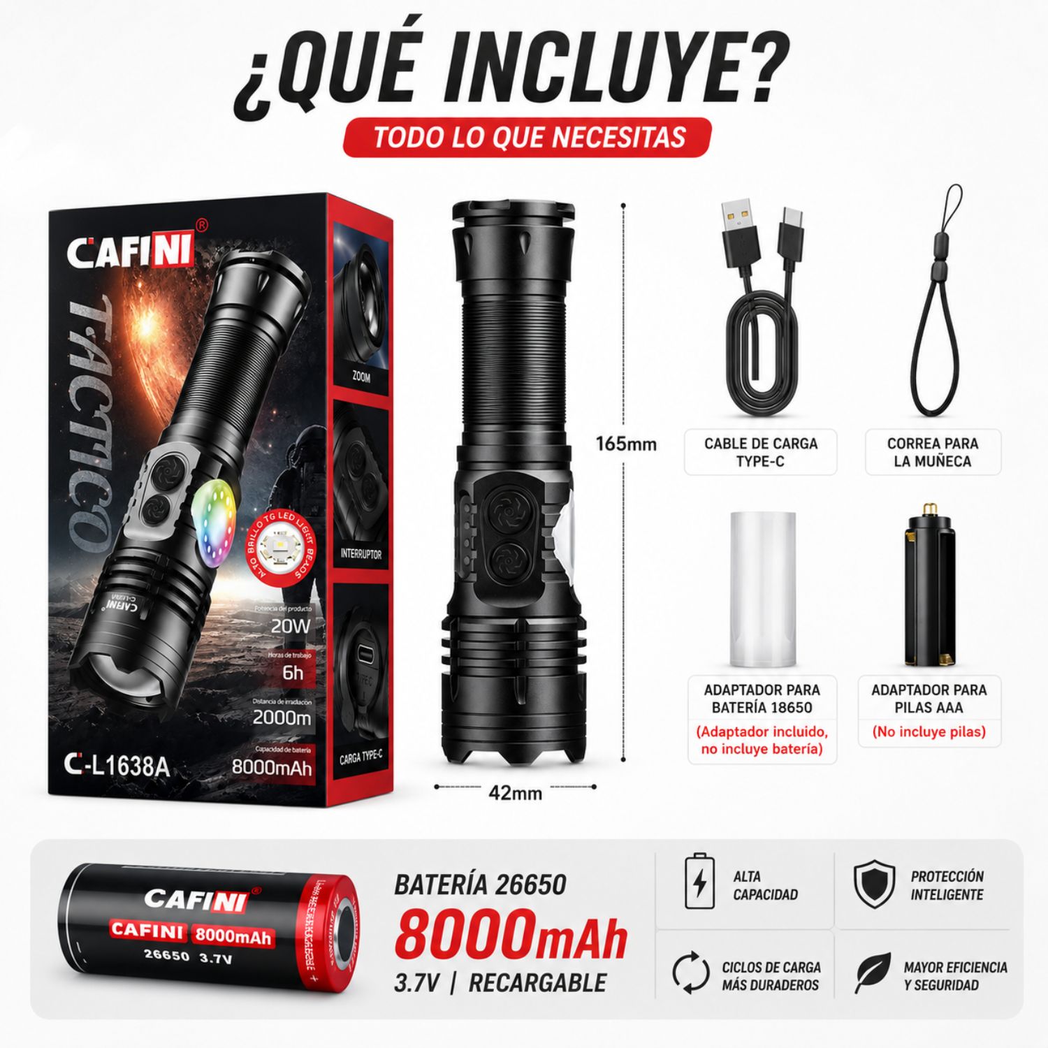 LINTERNA LED TÁCTICA CAFINI C-L1638A 20W RECARGABLE ZOOM AJUSTABLE USB-C ALCANCE HASTA 2000M 8000MAH - 9