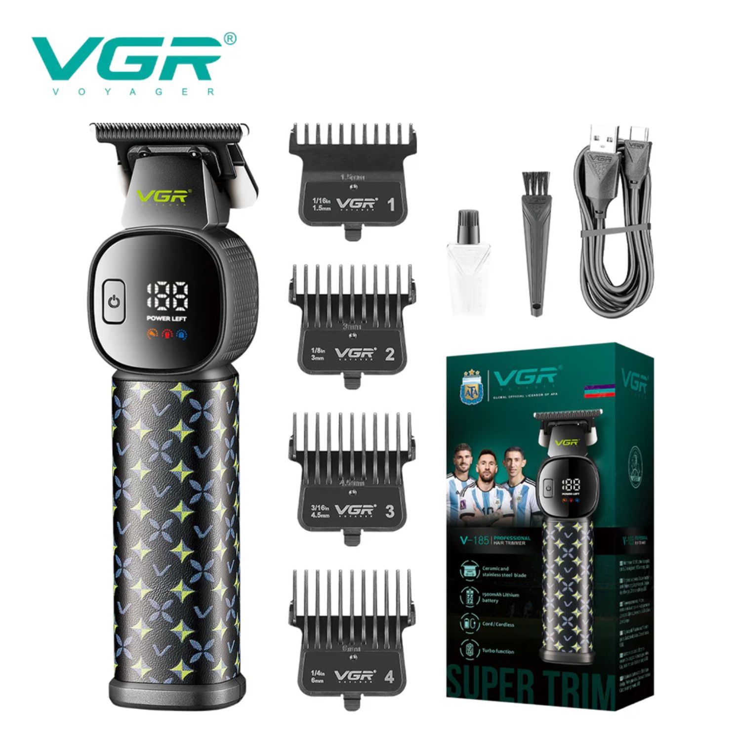 CORTADORA DE PELO PROFESIONAL VGR V-185 PARA BARBA Y CABELLO USB TIPO C PANTALLA LED MOTOR 7000 RPM - 1