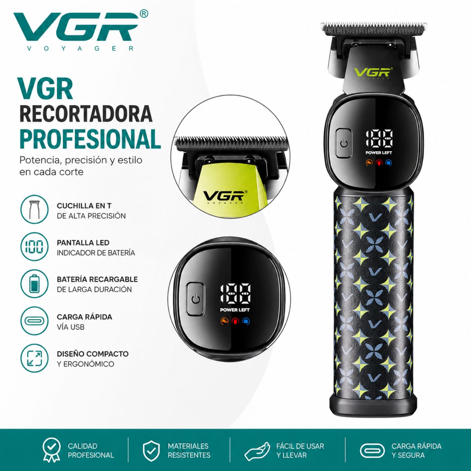 CORTADORA DE PELO PROFESIONAL VGR V-185 PARA BARBA Y CABELLO USB TIPO C PANTALLA LED MOTOR 7000 RPM - 2