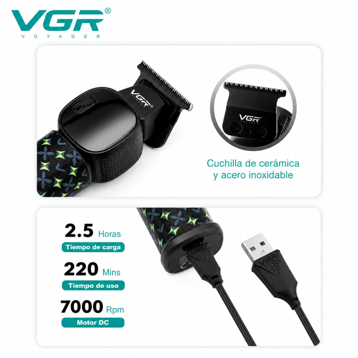 CORTADORA DE PELO PROFESIONAL VGR V-185 PARA BARBA Y CABELLO USB TIPO C PANTALLA LED MOTOR 7000 RPM - 3