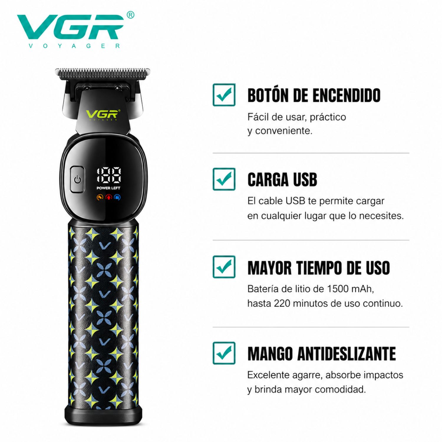 CORTADORA DE PELO PROFESIONAL VGR V-185 PARA BARBA Y CABELLO USB TIPO C PANTALLA LED MOTOR 7000 RPM - 4