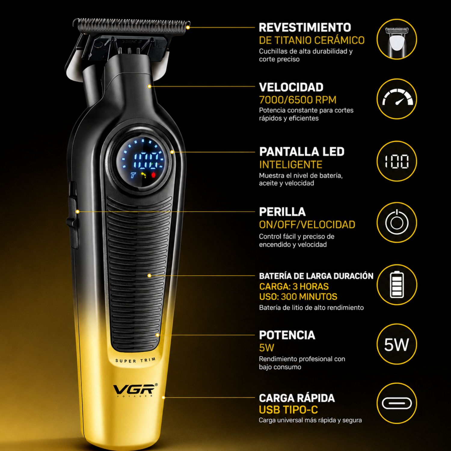 MÁQUINA DE CORTAR PELO Y BARBA TRIMMER VGR V-996 PROFESIONAL USB TIPO C PANTALLA LED - 2