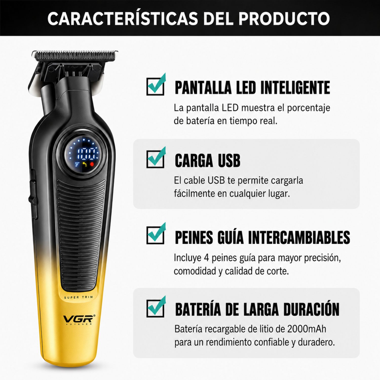 MÁQUINA DE CORTAR PELO Y BARBA TRIMMER VGR V-996 PROFESIONAL USB TIPO C PANTALLA LED - 3