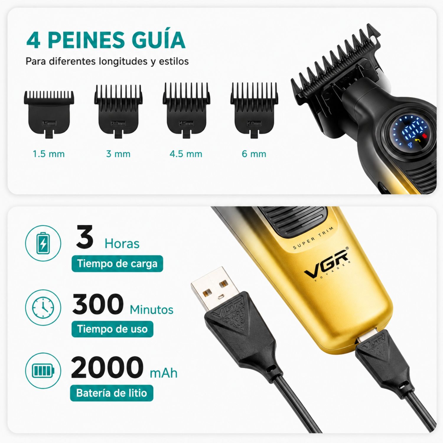 MÁQUINA DE CORTAR PELO Y BARBA TRIMMER VGR V-996 PROFESIONAL USB TIPO C PANTALLA LED - 5