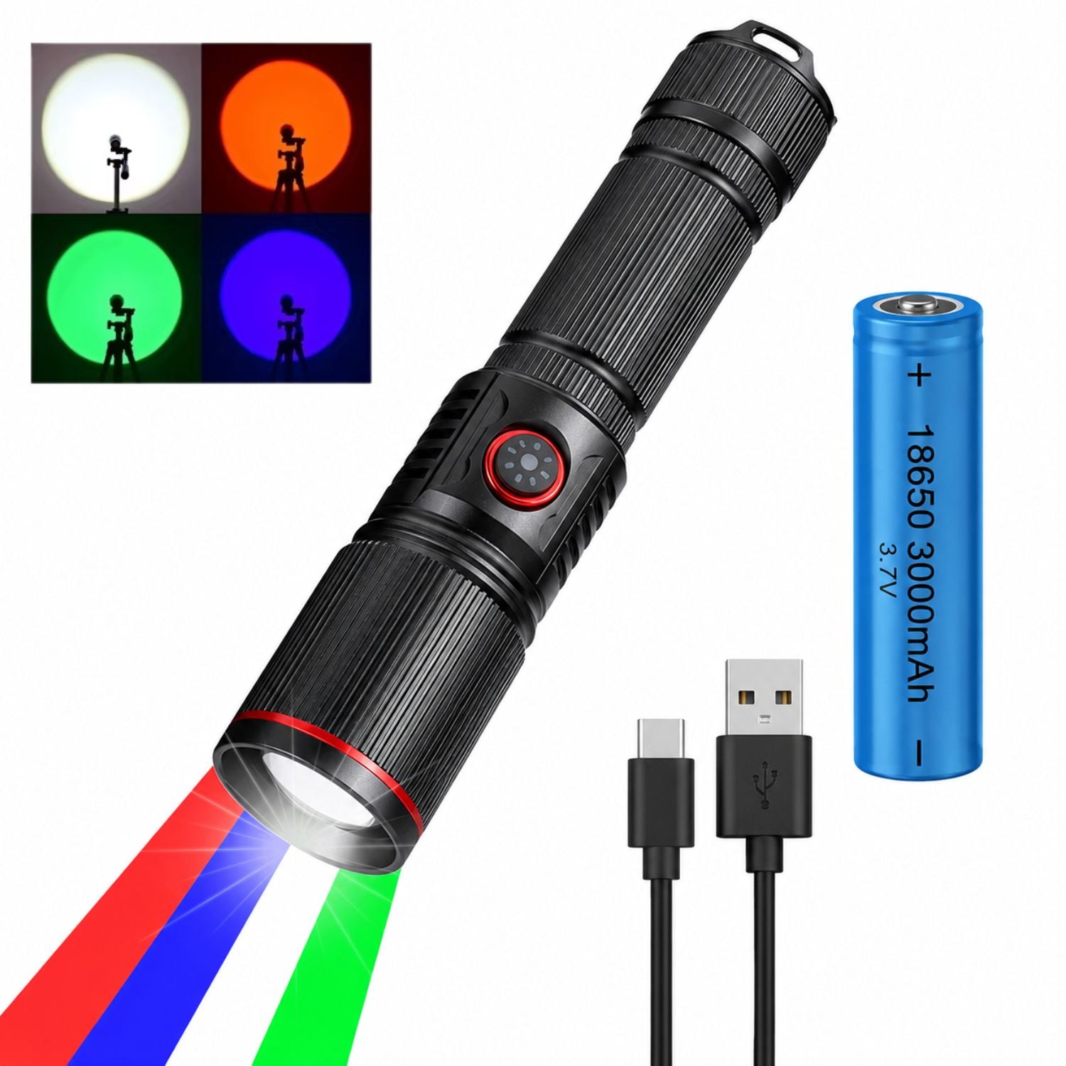 LINTERNA TÁCTICA LED RGBW 1000 LÚMENES RECARGABLE USB TIPO C ZOOM AJUSTABLE 4 COLORES CON BATERÍA 18650 - 1