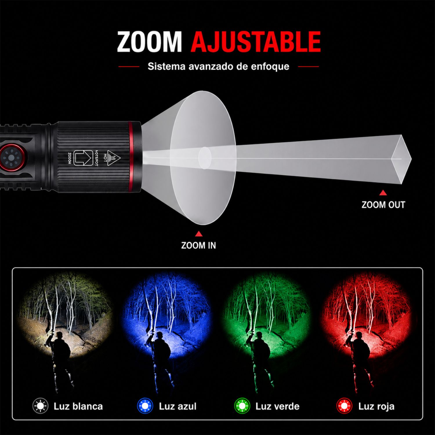 LINTERNA TÁCTICA LED RGBW 1000 LÚMENES RECARGABLE USB TIPO C ZOOM AJUSTABLE 4 COLORES CON BATERÍA 18650 - 2