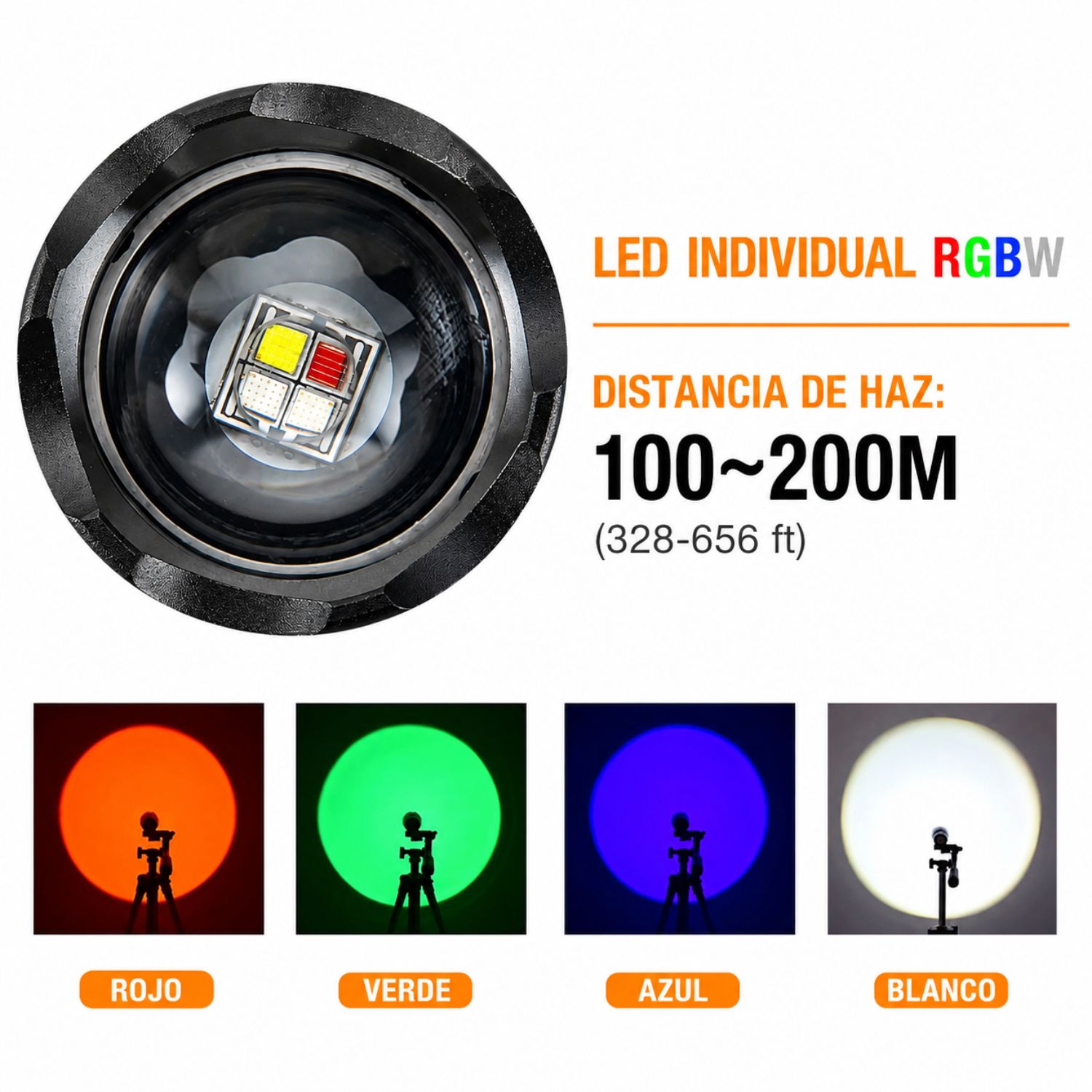 LINTERNA TÁCTICA LED RGBW 1000 LÚMENES RECARGABLE USB TIPO C ZOOM AJUSTABLE 4 COLORES CON BATERÍA 18650 - 3