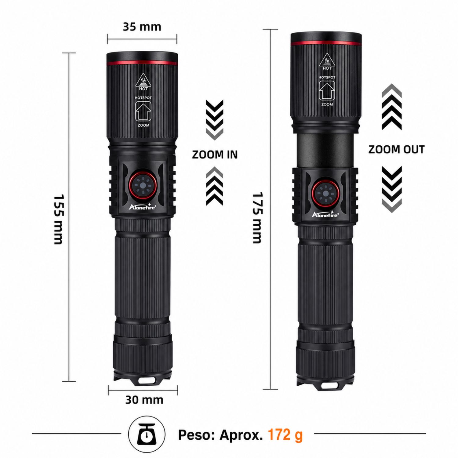 LINTERNA TÁCTICA LED RGBW 1000 LÚMENES RECARGABLE USB TIPO C ZOOM AJUSTABLE 4 COLORES CON BATERÍA 18650 - 4