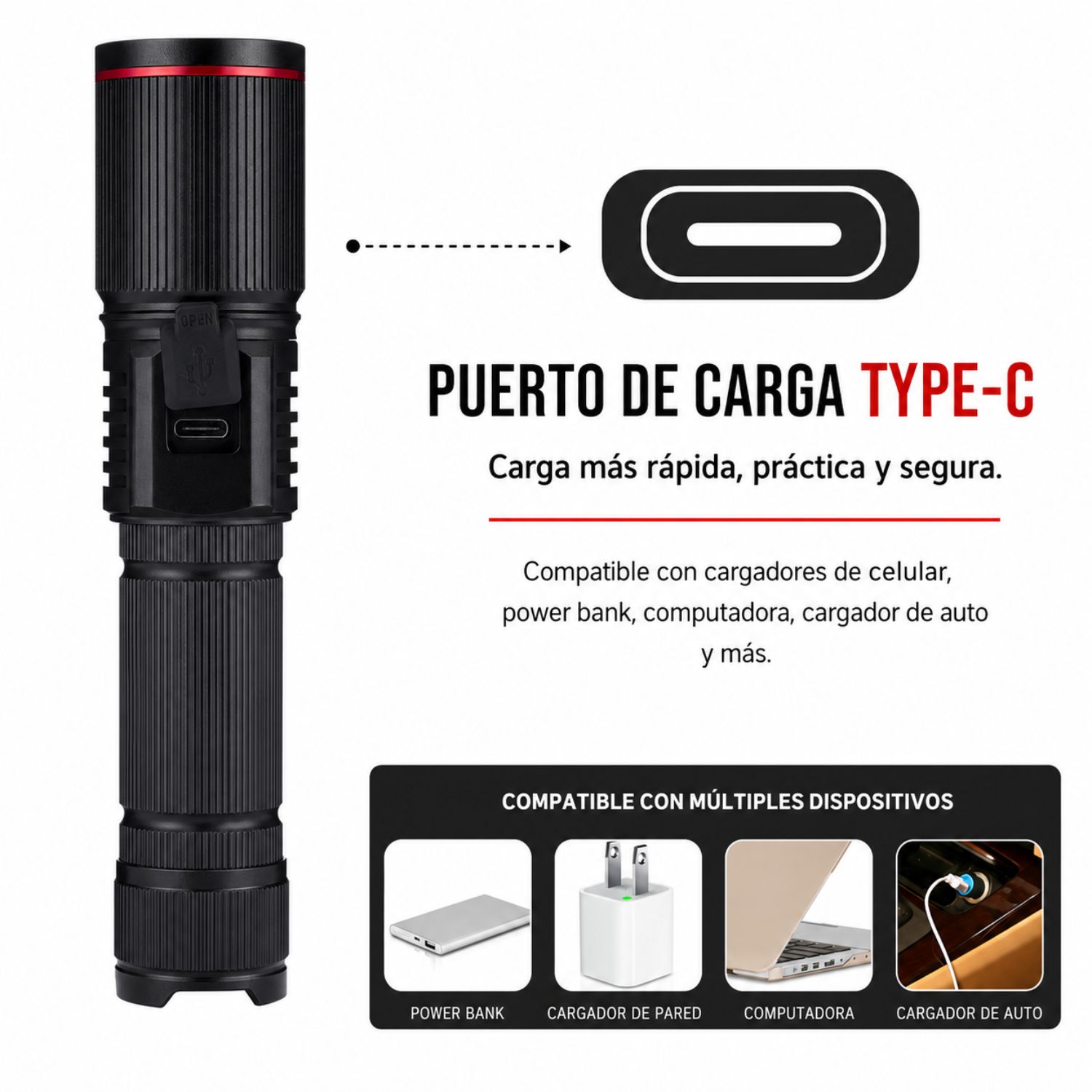 LINTERNA TÁCTICA LED RGBW 1000 LÚMENES RECARGABLE USB TIPO C ZOOM AJUSTABLE 4 COLORES CON BATERÍA 18650 - 5