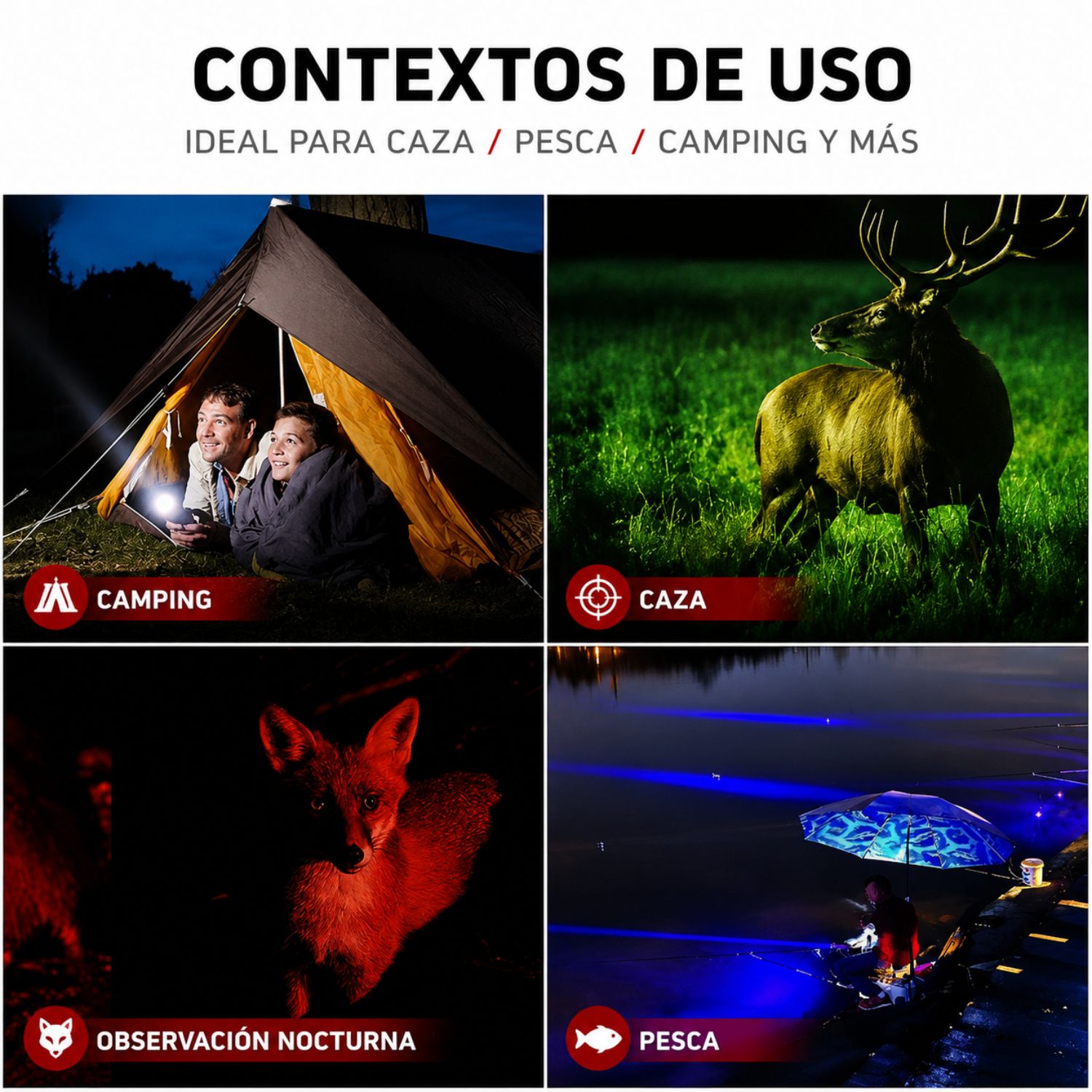 LINTERNA TÁCTICA LED RGBW 1000 LÚMENES RECARGABLE USB TIPO C ZOOM AJUSTABLE 4 COLORES CON BATERÍA 18650 - 6