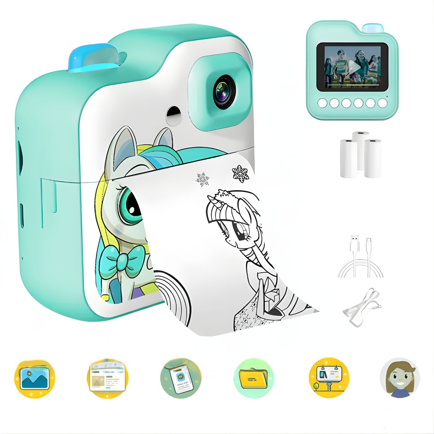 CÁMARA CON IMPRESORA PARA NIÑOS 1080P UNICORNIO FOTOS INSTANTÁNEAS VIDEO HD JUEGOS Y FILTROS TURQUESA - 1