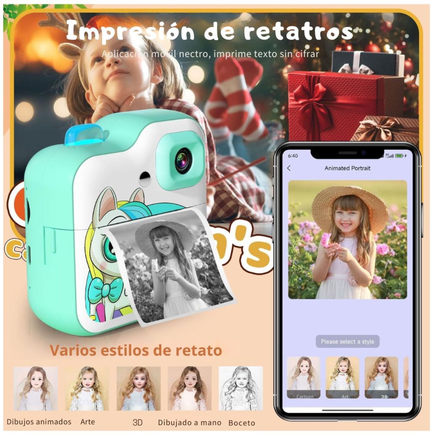 CÁMARA CON IMPRESORA PARA NIÑOS 1080P UNICORNIO FOTOS INSTANTÁNEAS VIDEO HD JUEGOS Y FILTROS TURQUESA - 5