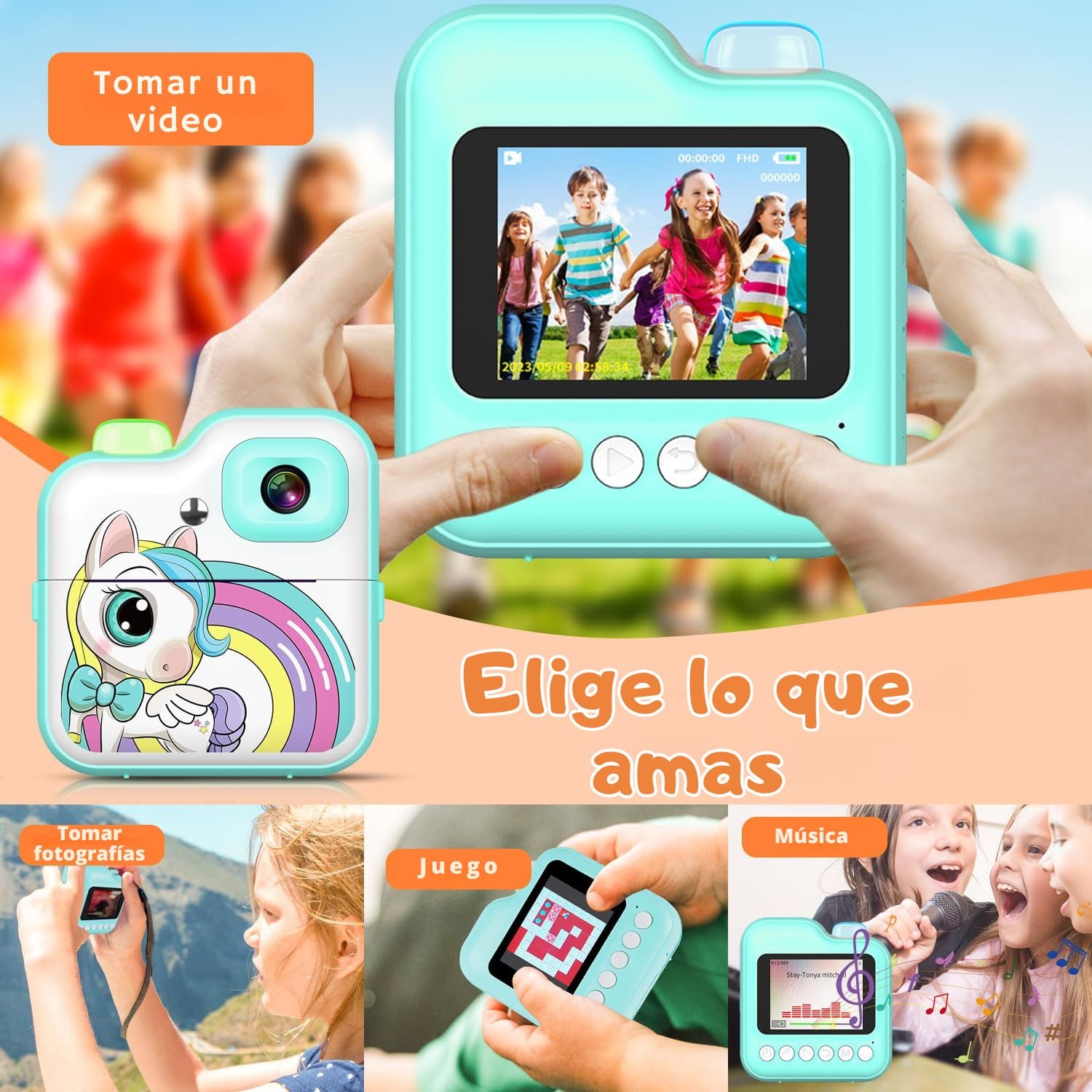 CÁMARA CON IMPRESORA PARA NIÑOS 1080P UNICORNIO FOTOS INSTANTÁNEAS VIDEO HD JUEGOS Y FILTROS TURQUESA - 7