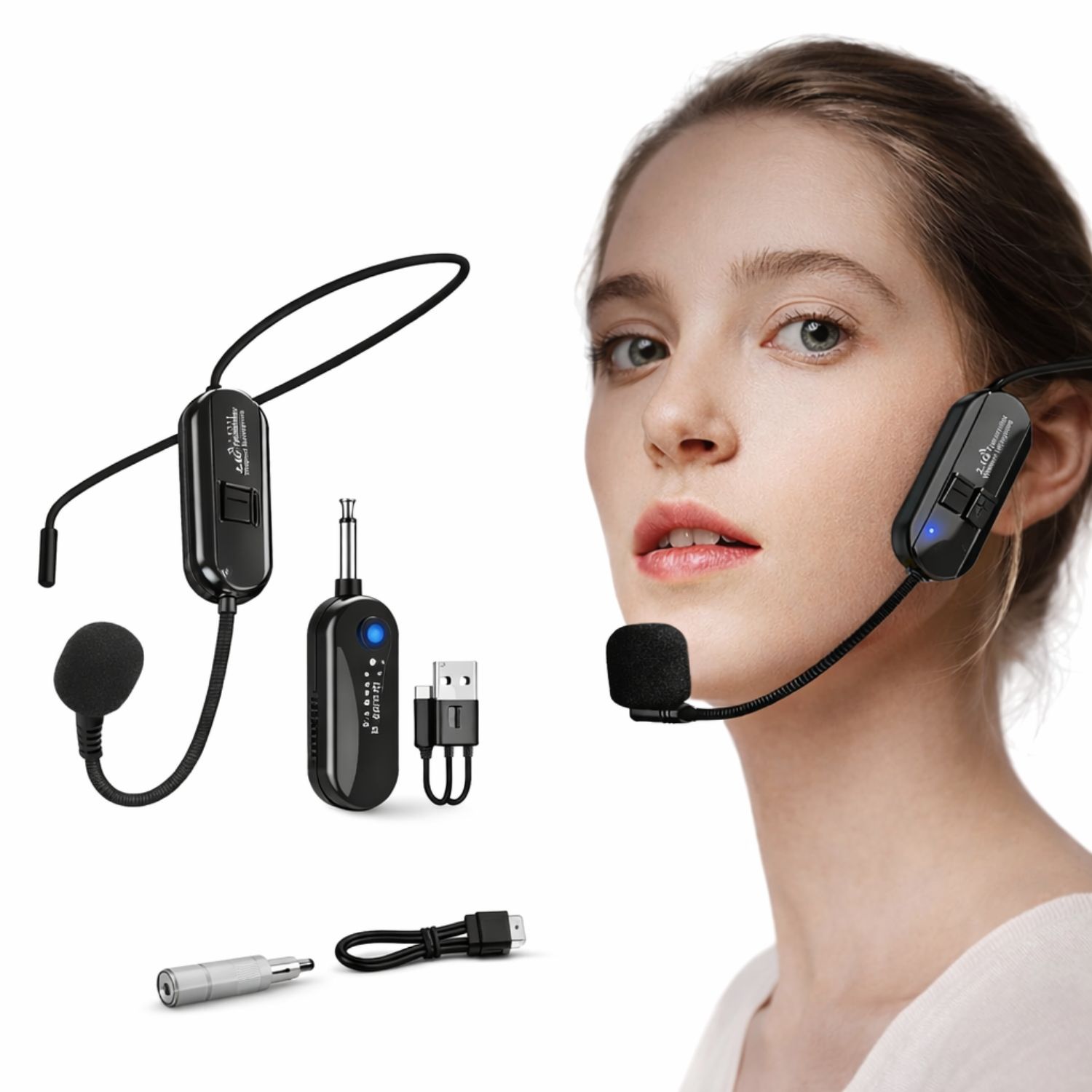 MICRÓFONO INALÁMBRICO DE DIADEMA 2.4G CON RECEPTOR, COMPATIBLE CON PARLANTES Y AMPLIFICADORES - 1