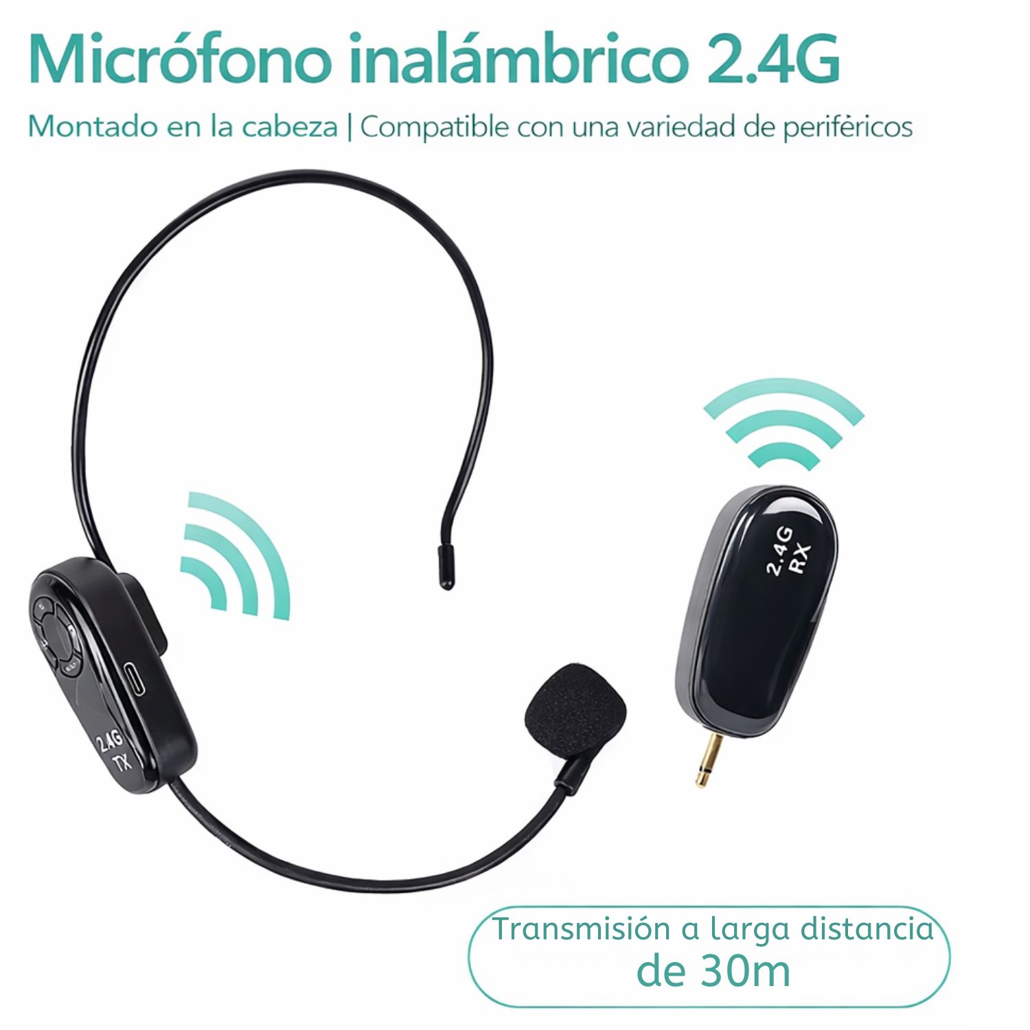 MICRÓFONO INALÁMBRICO DE DIADEMA 2.4G CON RECEPTOR, COMPATIBLE CON PARLANTES Y AMPLIFICADORES - 2