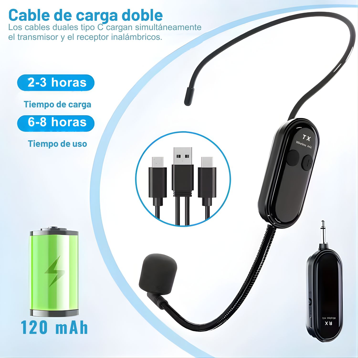 MICRÓFONO INALÁMBRICO DE DIADEMA 2.4G CON RECEPTOR, COMPATIBLE CON PARLANTES Y AMPLIFICADORES - 6