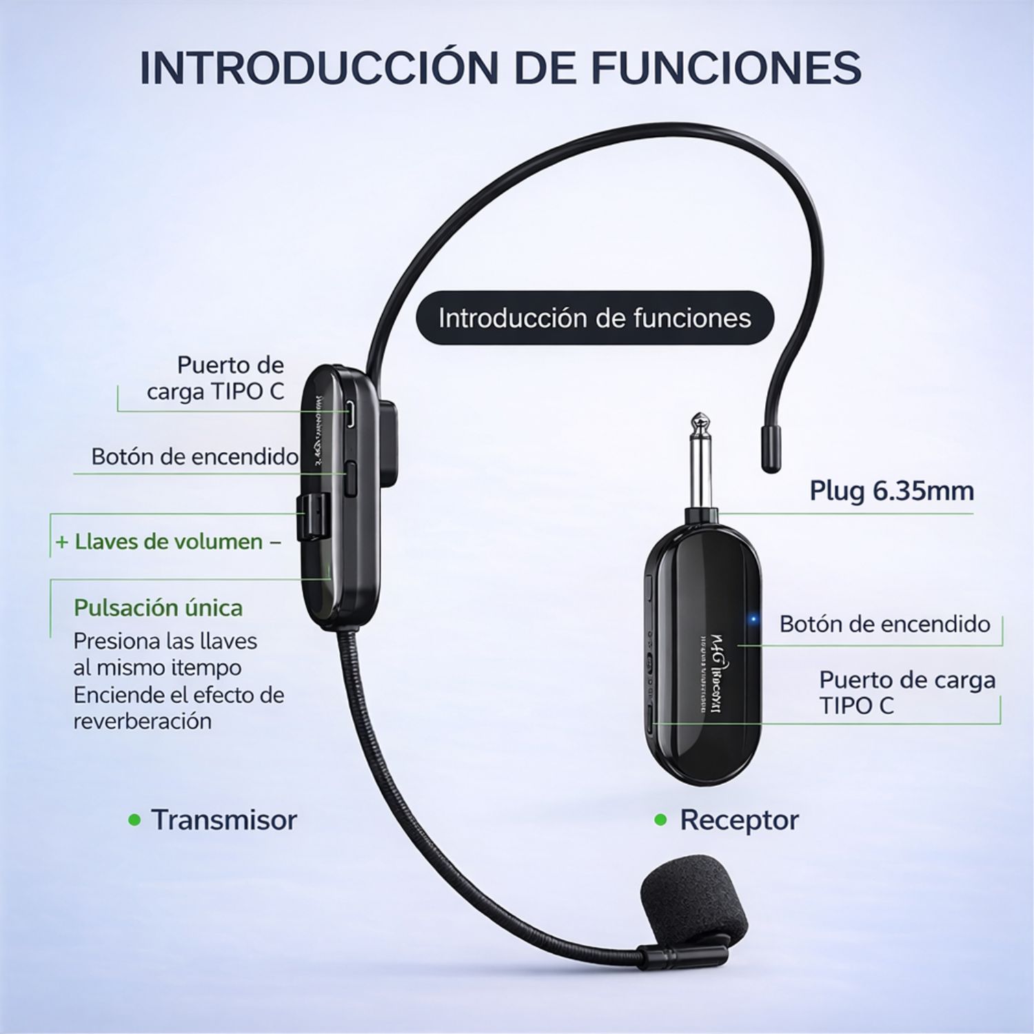 MICRÓFONO INALÁMBRICO DE DIADEMA 2.4G CON RECEPTOR, COMPATIBLE CON PARLANTES Y AMPLIFICADORES - 7