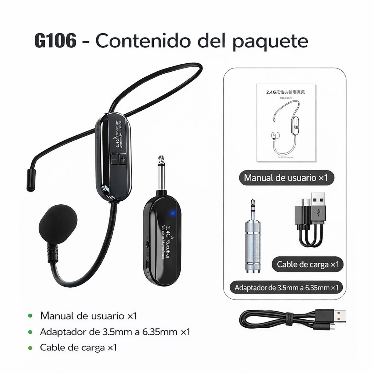 MICRÓFONO INALÁMBRICO DE DIADEMA 2.4G CON RECEPTOR, COMPATIBLE CON PARLANTES Y AMPLIFICADORES - 9