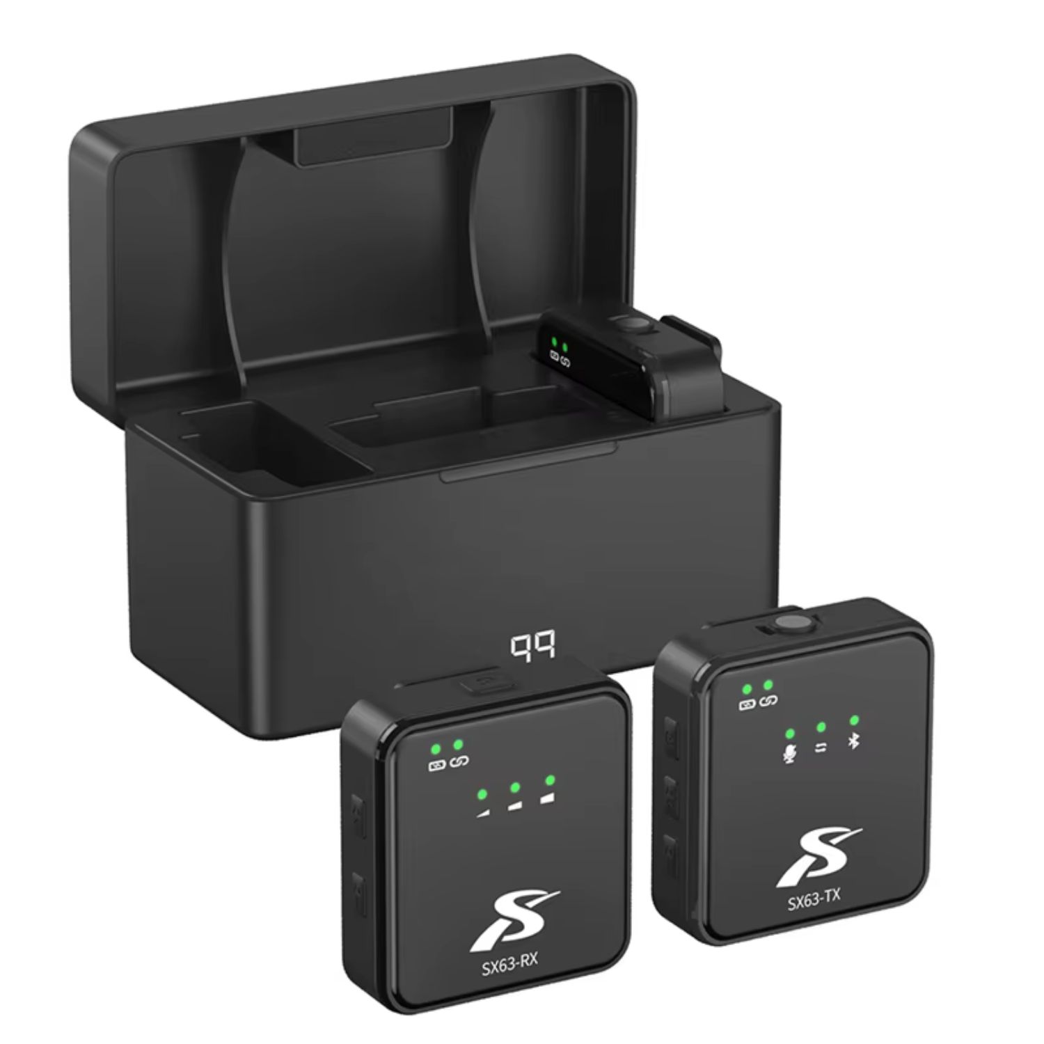 MICRÓFONOS INALÁMBRICOS LAVALIER SX63 4 EN 1 PARA CELULAR Y CÁMARA CON BASE DE CARGA - 1