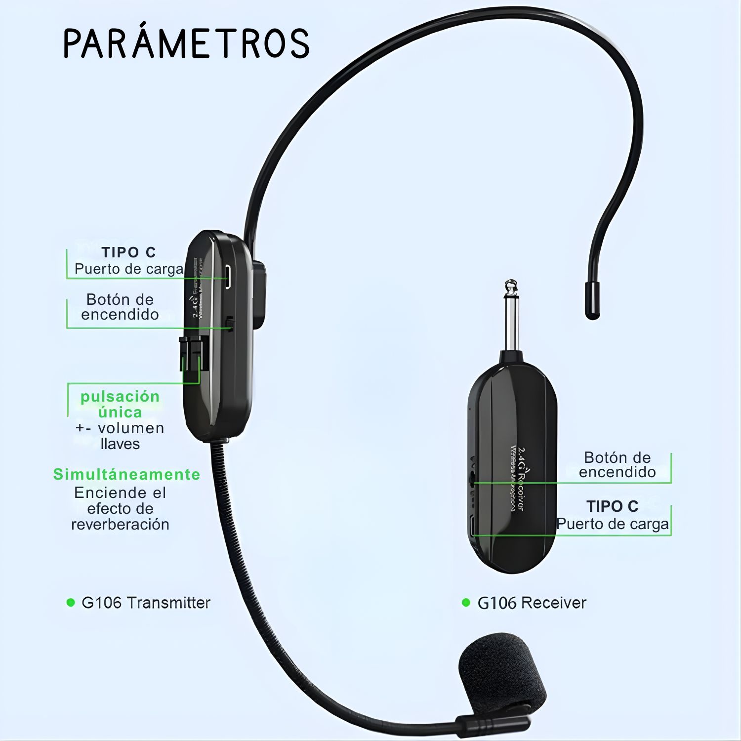 MICRÓFONO INALÁMBRICO PROFESIONAL DUAL DIADEMA Y MANO 2 EN 1 RECARGABLE 2.4G PARA CONFERENCIAS - 7