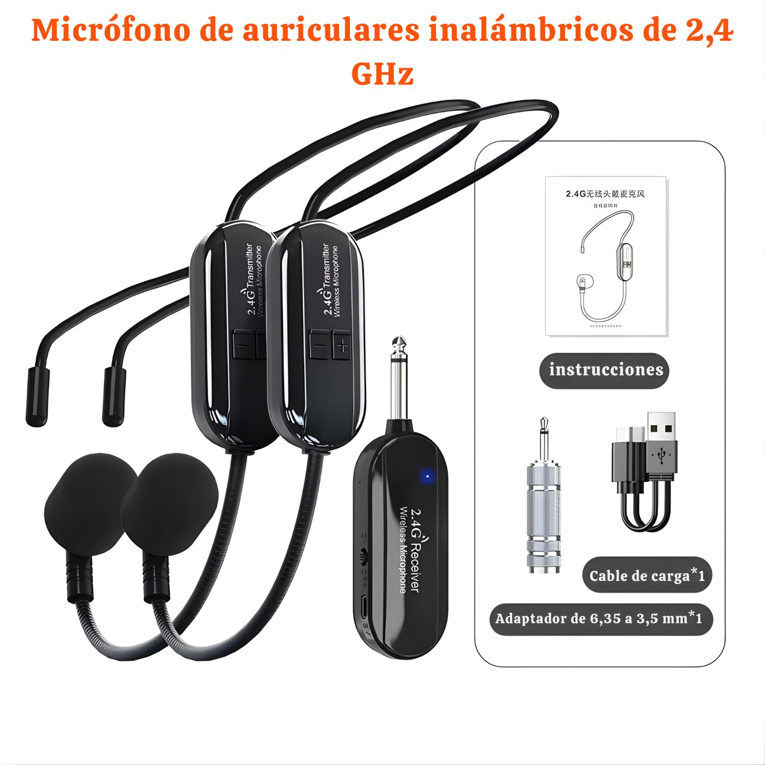 MICRÓFONO INALÁMBRICO PROFESIONAL DUAL DIADEMA Y MANO 2 EN 1 RECARGABLE 2.4G PARA CONFERENCIAS - 9