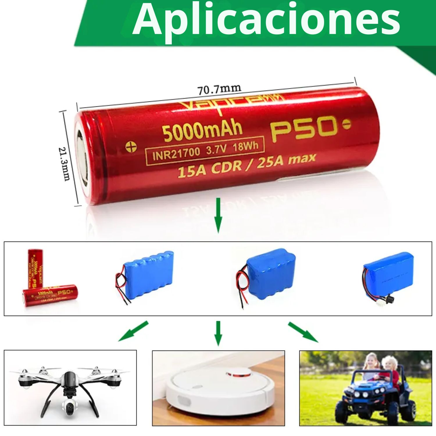 BATERÍA RECARGABLE 21700 5000MAH LITIO ALTA DESCARGA PARA LINTERNAS Y HERRAMIENTAS - 2